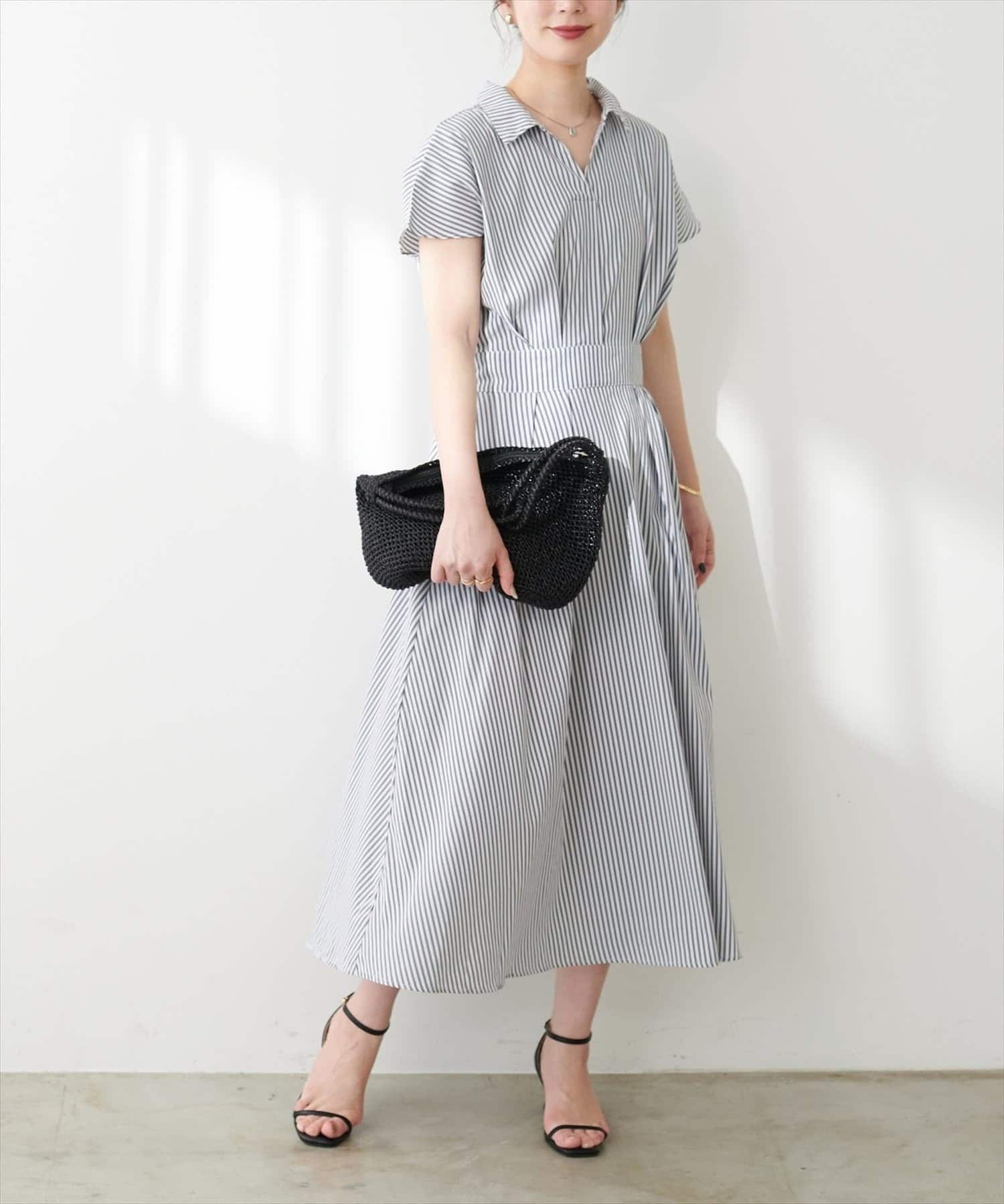 NICE CLAUP / OLIVE des OLIVE OUTLET(ナイスクラップ  / オリーブ デ オリーブ アウトレット) 【natural couture】涼しげスキッパー衿お上品ワンピース(Lサイズ)