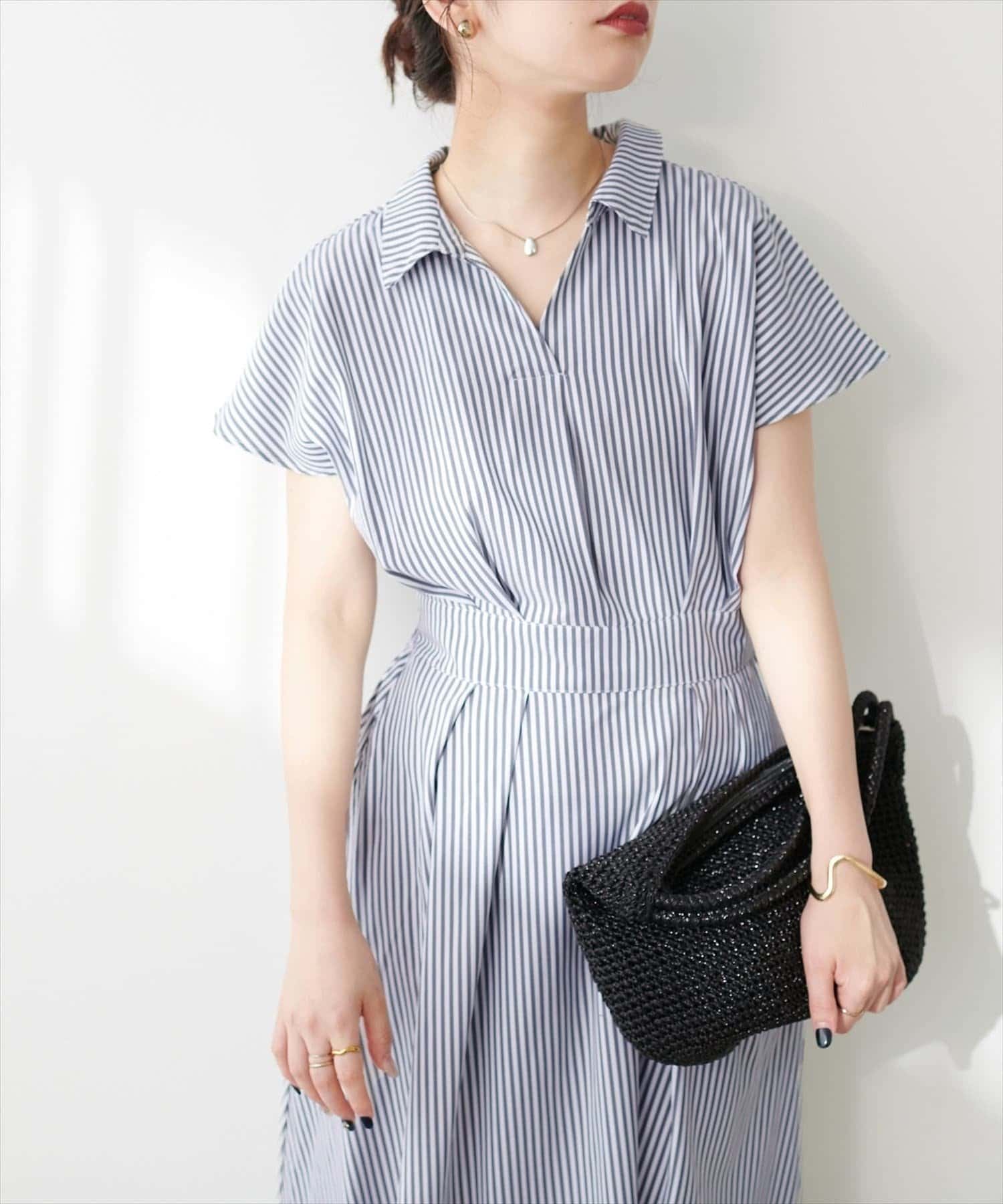 NICE CLAUP / OLIVE des OLIVE OUTLET(ナイスクラップ  / オリーブ デ オリーブ アウトレット) 【natural couture】涼しげスキッパー衿お上品ワンピース(Lサイズ)