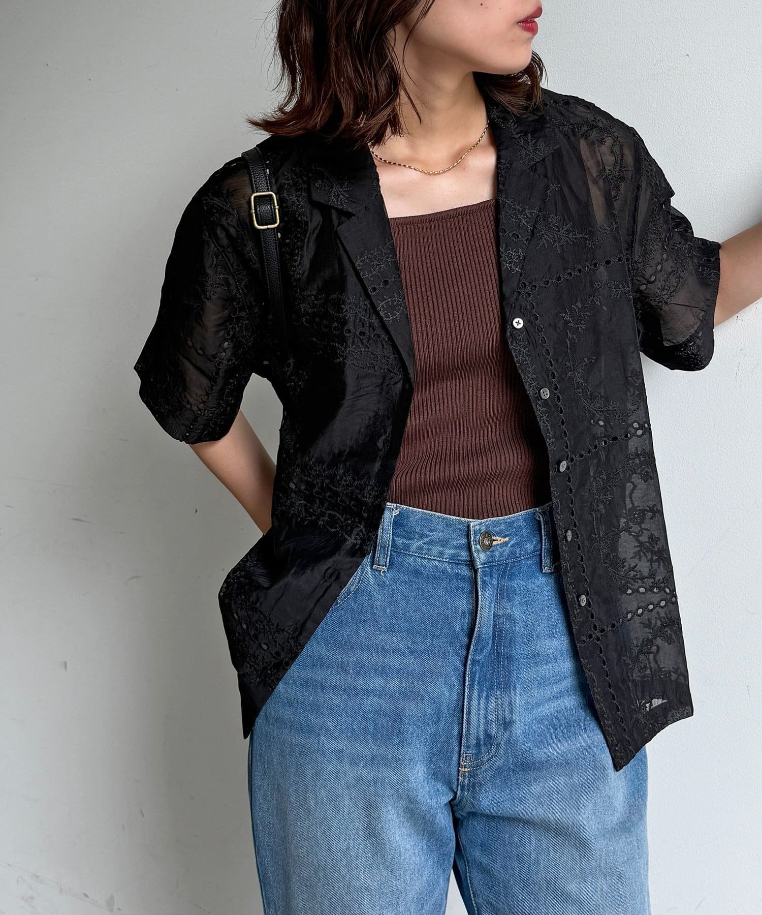CPCM(シーピーシーエム) パッチワーク刺繍半袖シアーシャツ