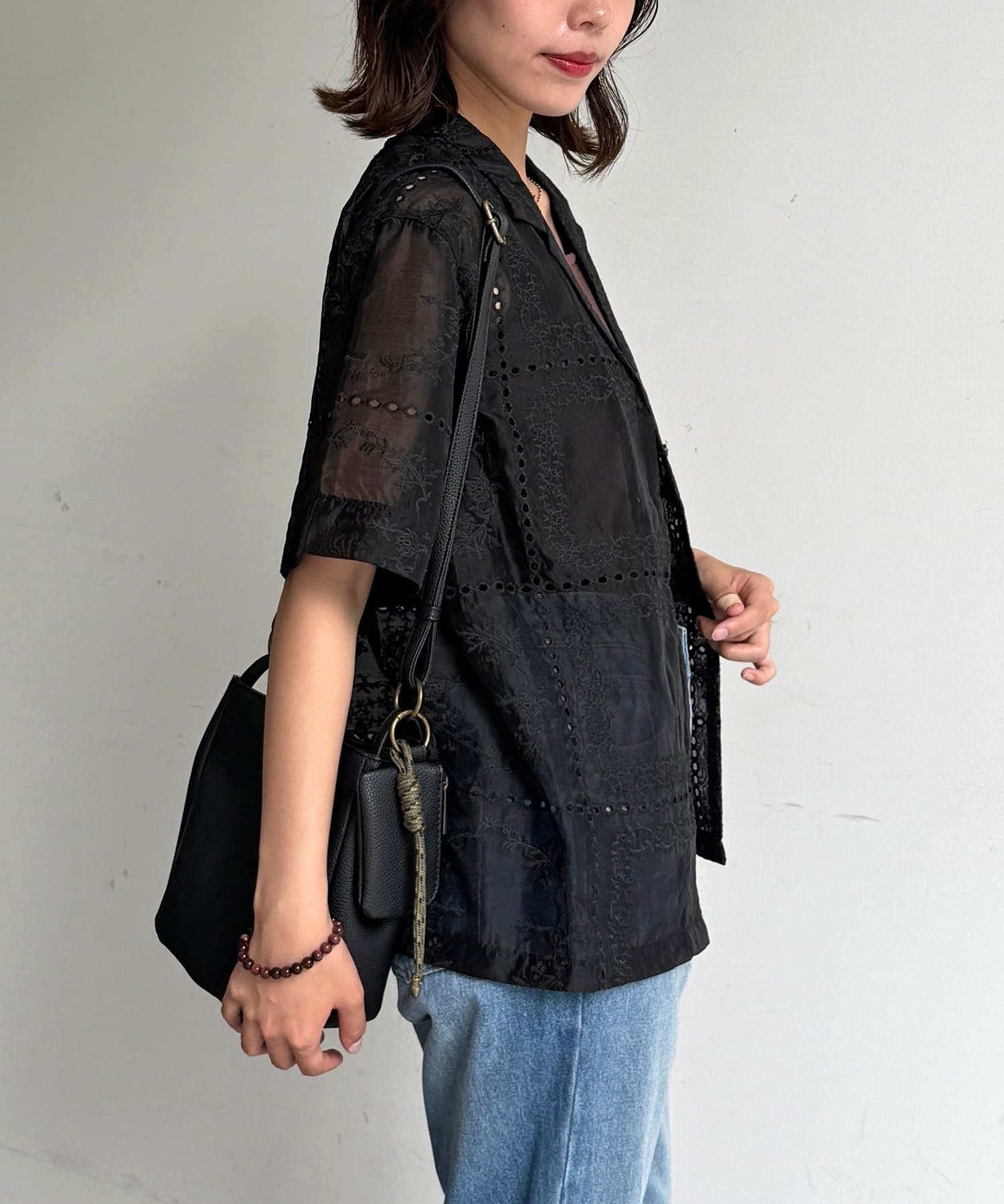 CPCM(シーピーシーエム) パッチワーク刺繍半袖シアーシャツ