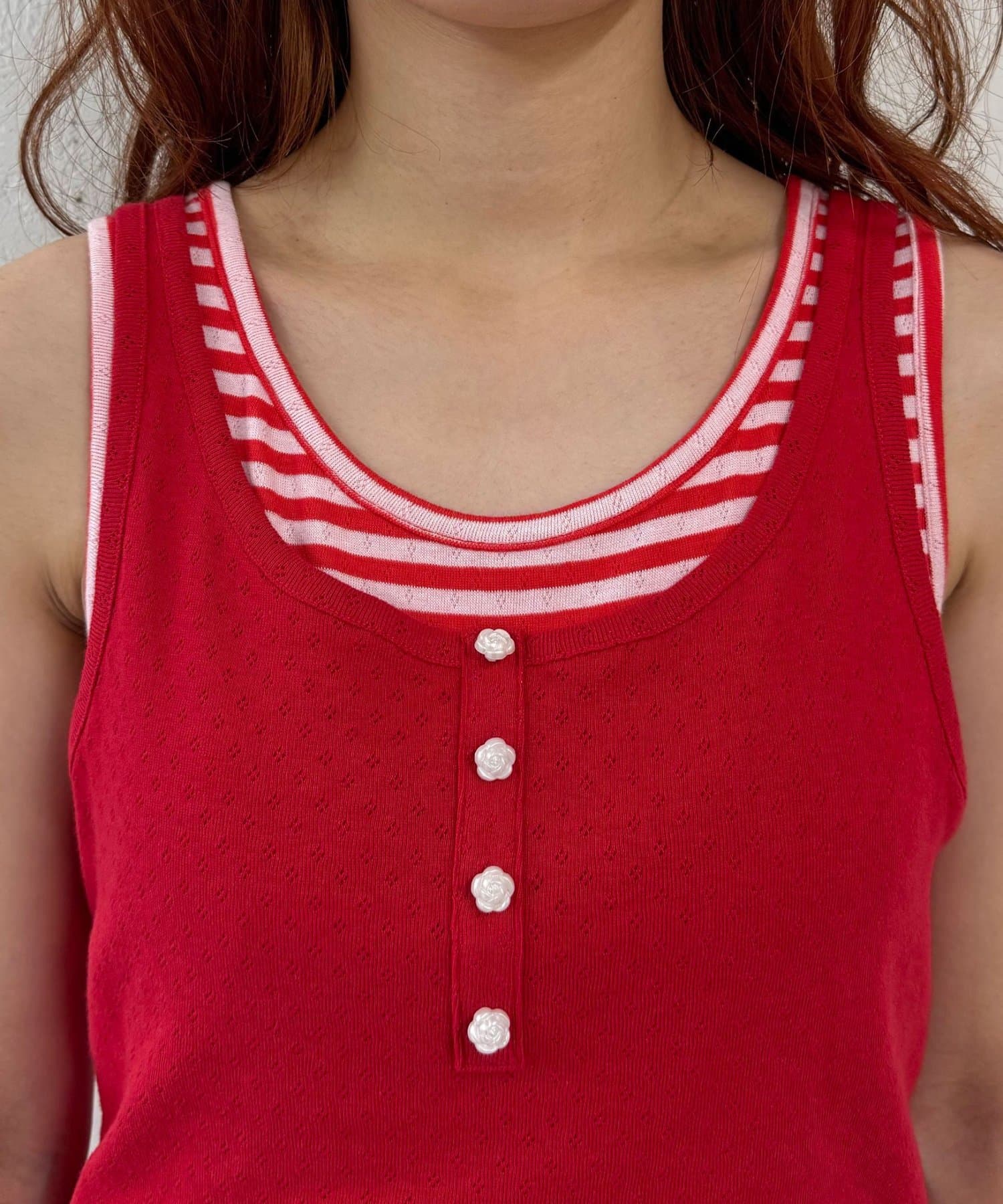 CIAOPANIC(チャオパニック) 【♡20で1500円OFFクーポン！？】【2点SET】ローズボタンボーダーレイヤードタンク