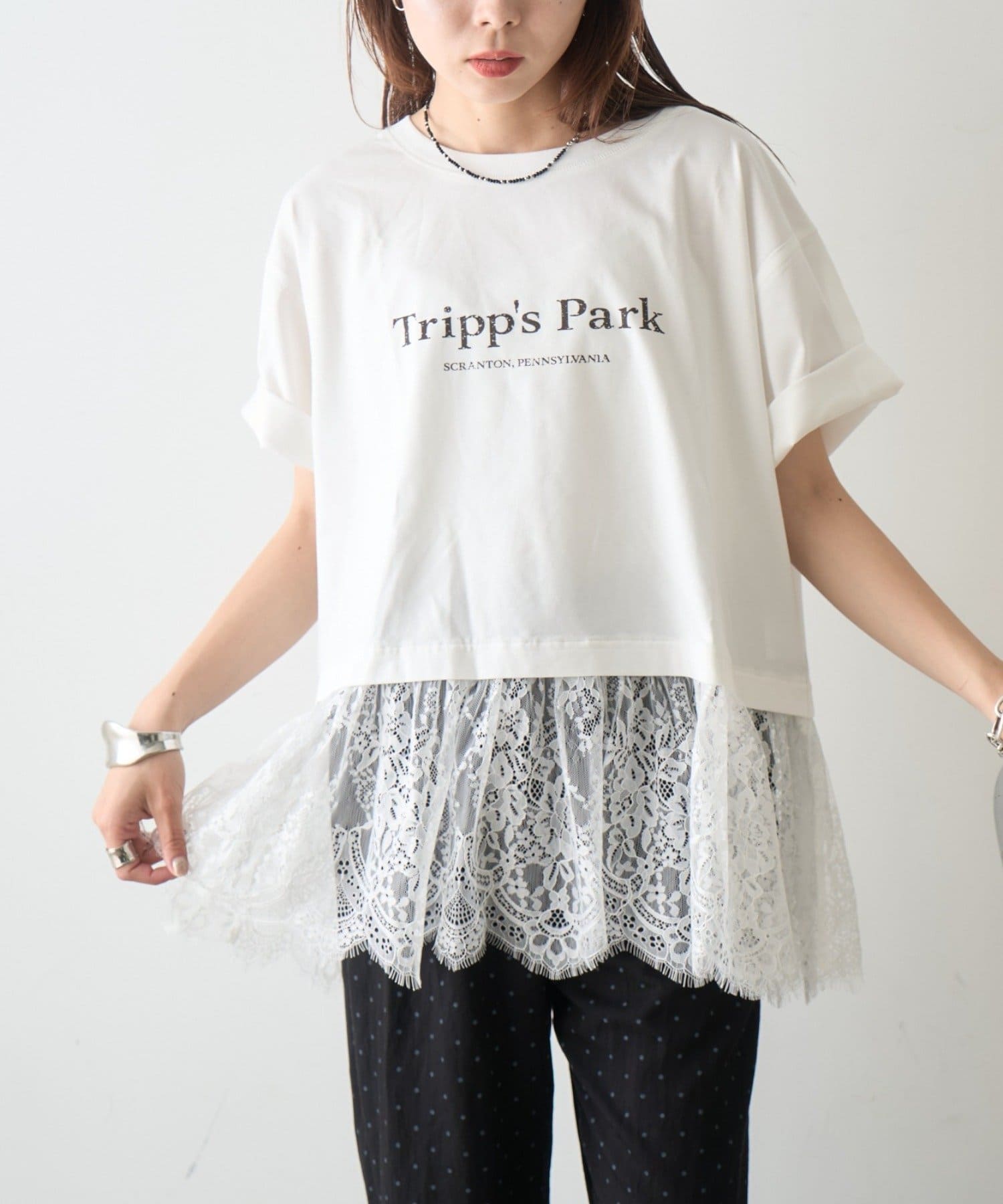 CIAOPANIC TYPY(チャオパニックティピー) 【接触冷感/全方位着映え】裾レースドッキング半袖ロゴTee