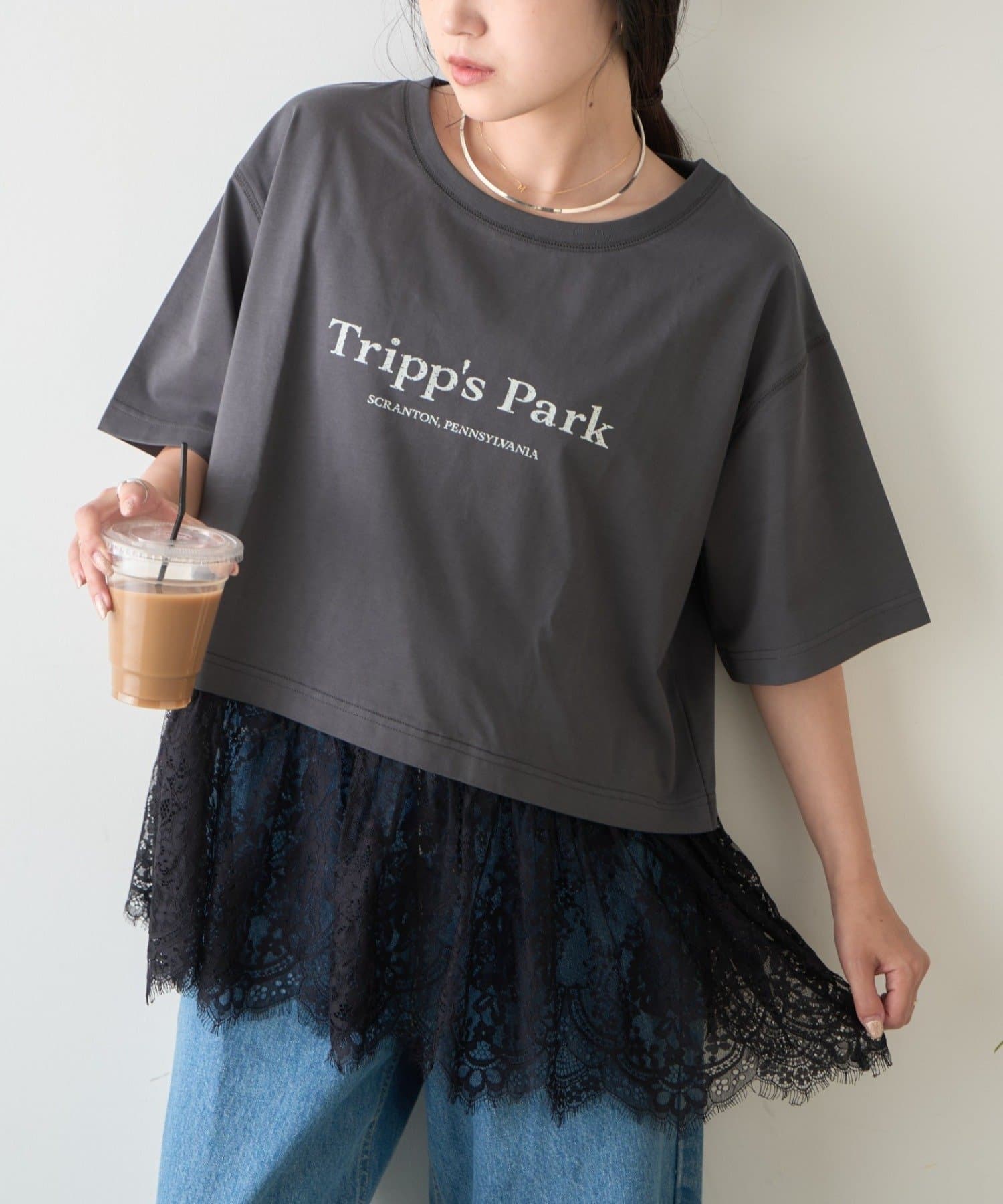 CIAOPANIC TYPY(チャオパニックティピー) 【接触冷感/全方位着映え】裾レースドッキング半袖ロゴTee