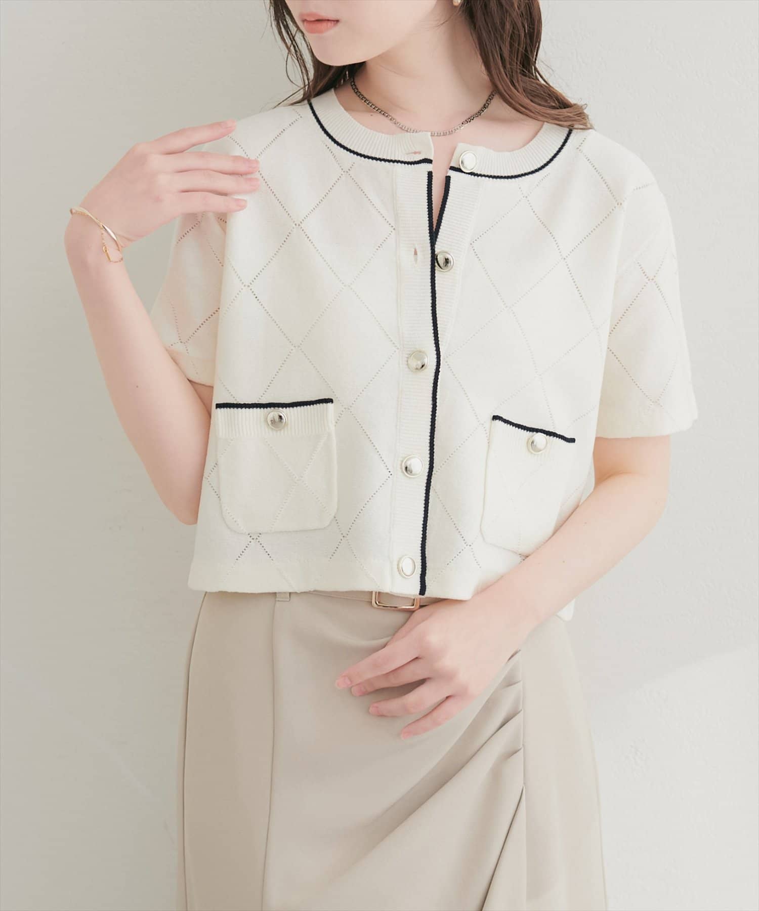 natural couture(ナチュラルクチュール) ダイヤ柄透かし配色カーディガン