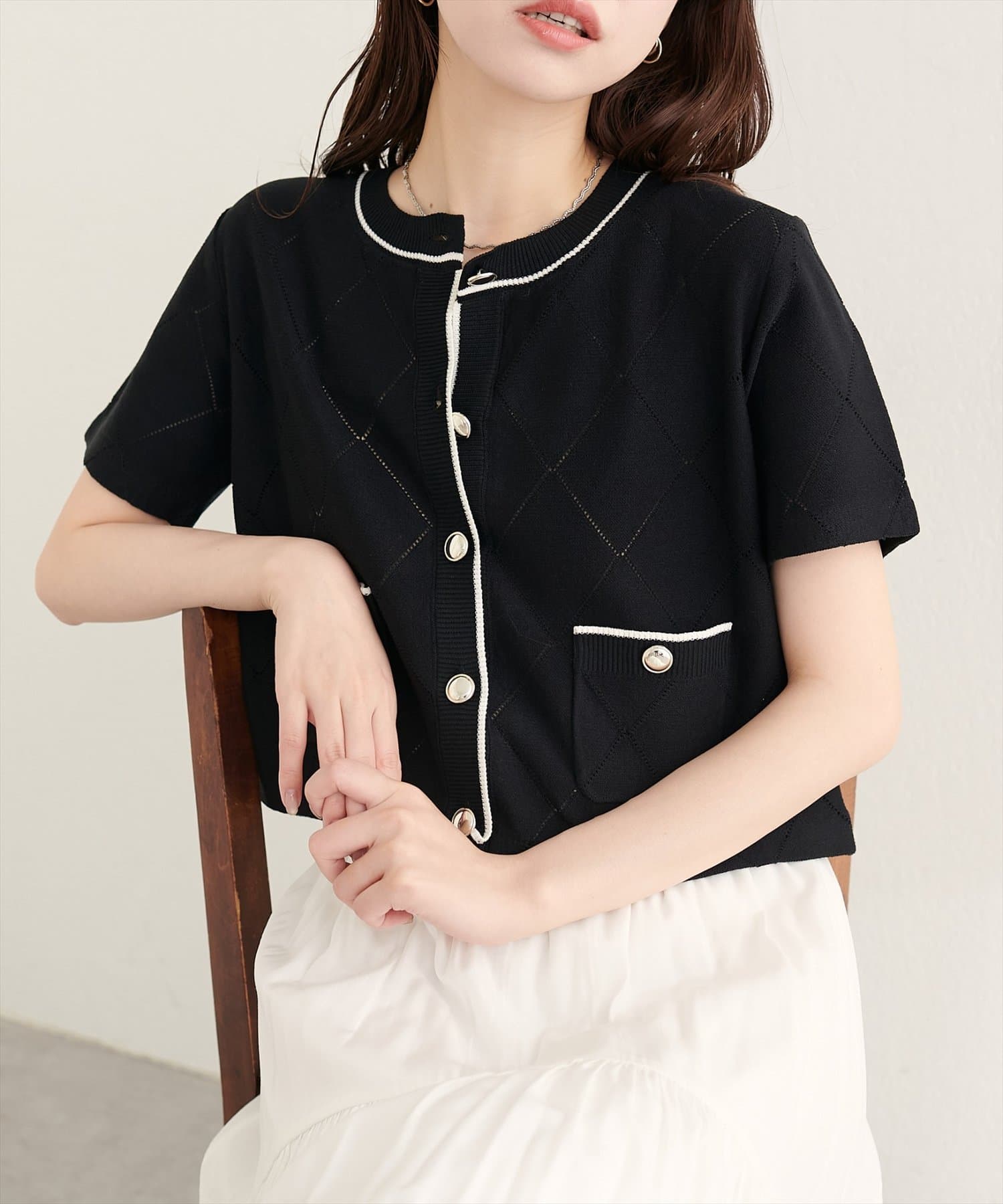 natural couture(ナチュラルクチュール) ダイヤ柄透かし配色カーディガン