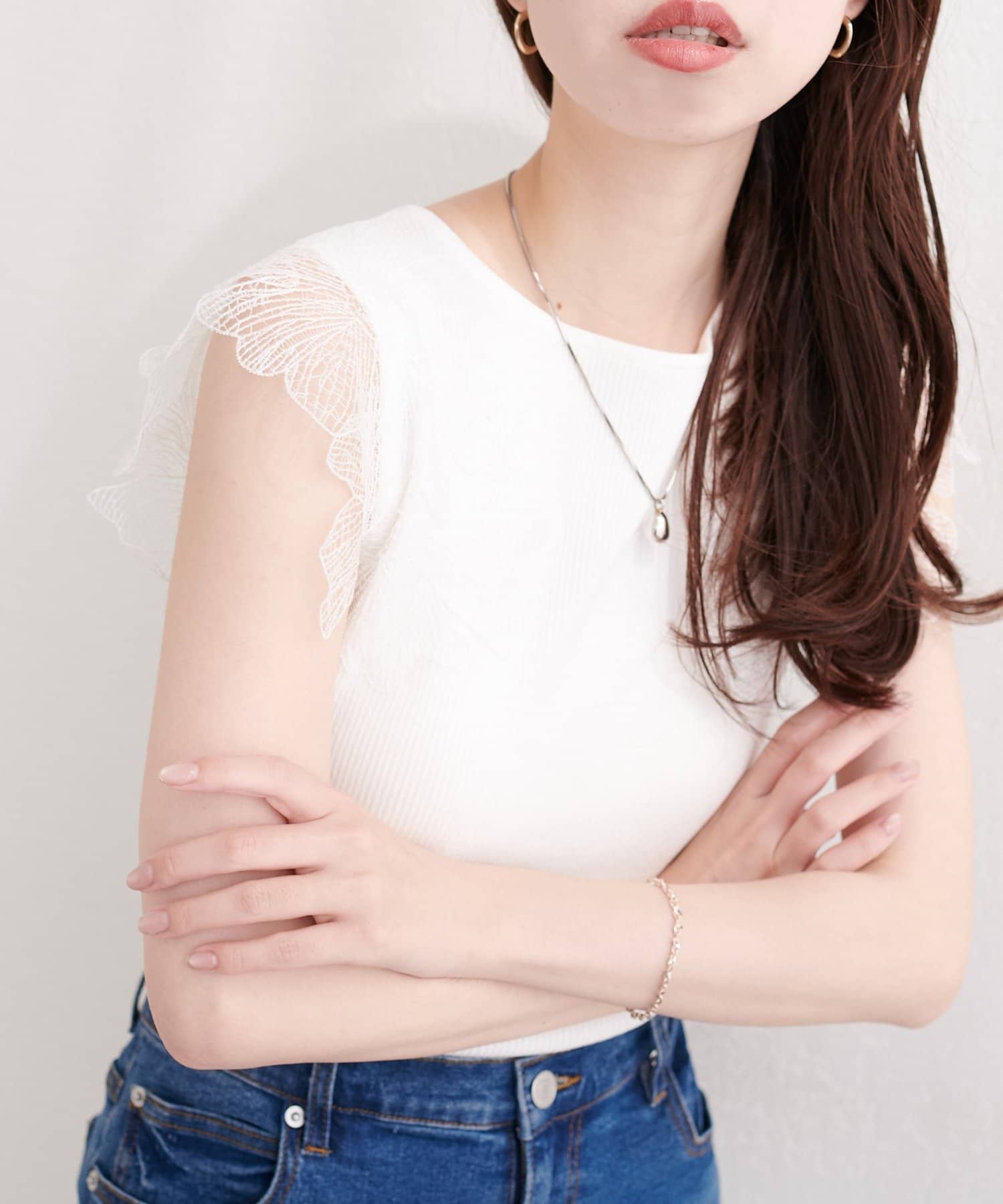 natural couture(ナチュラルクチュール) フラワーレースノースリニット