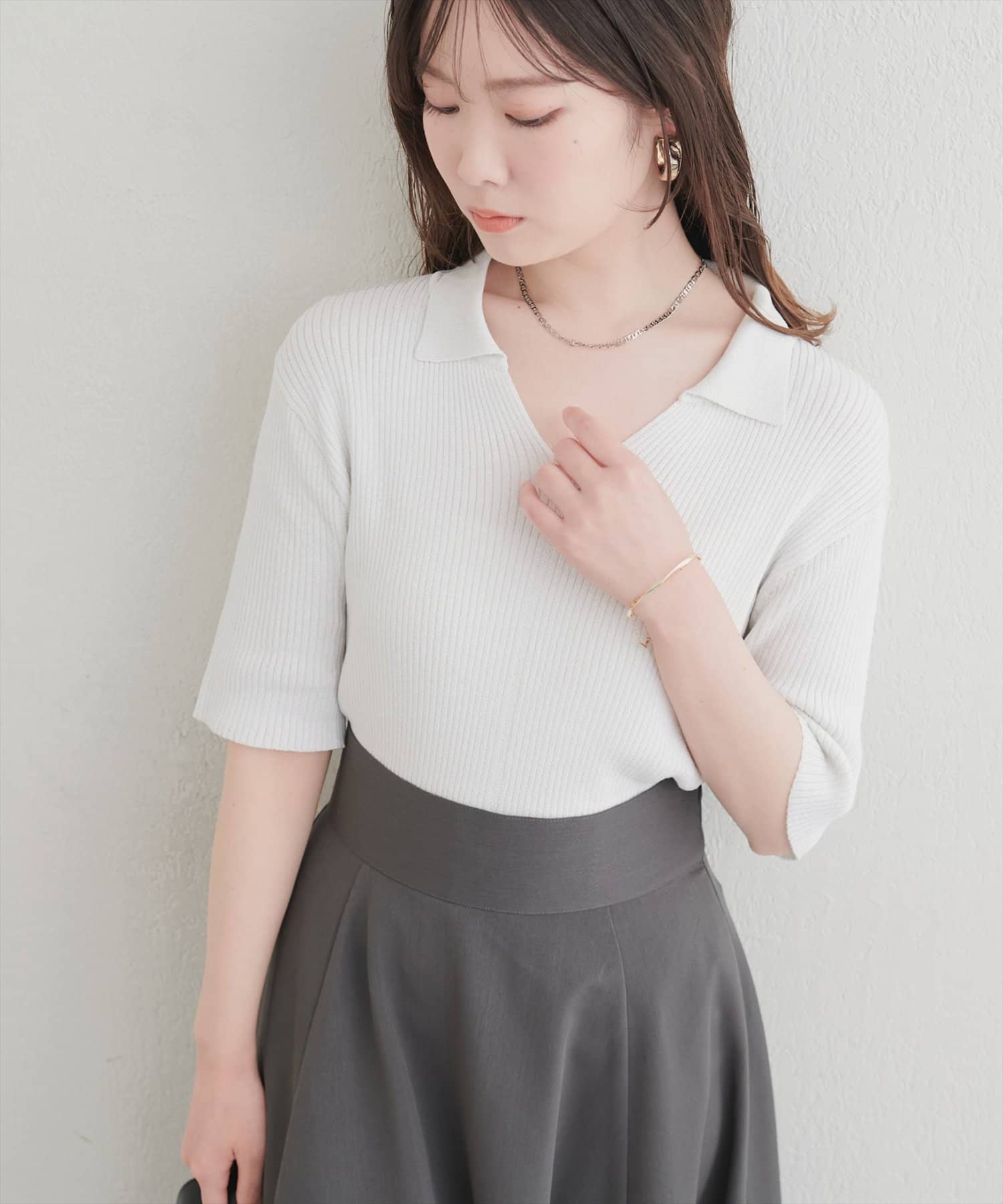 natural couture(ナチュラルクチュール) ラメリブ５分袖ポロニット