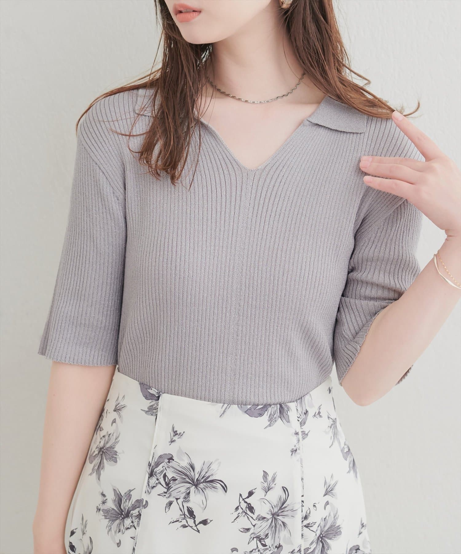natural couture(ナチュラルクチュール) ラメリブ５分袖ポロニット