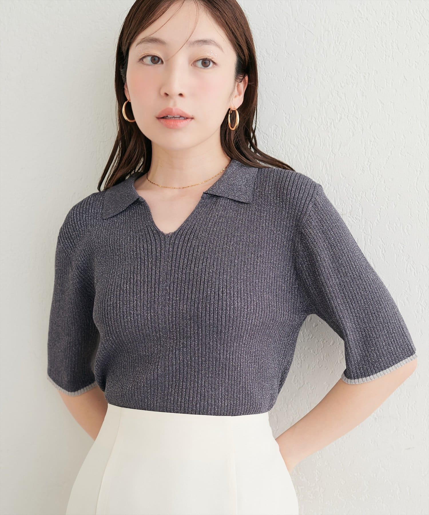 ラメリブ5分袖ポロニット | natural couture(ナチュラルクチュール