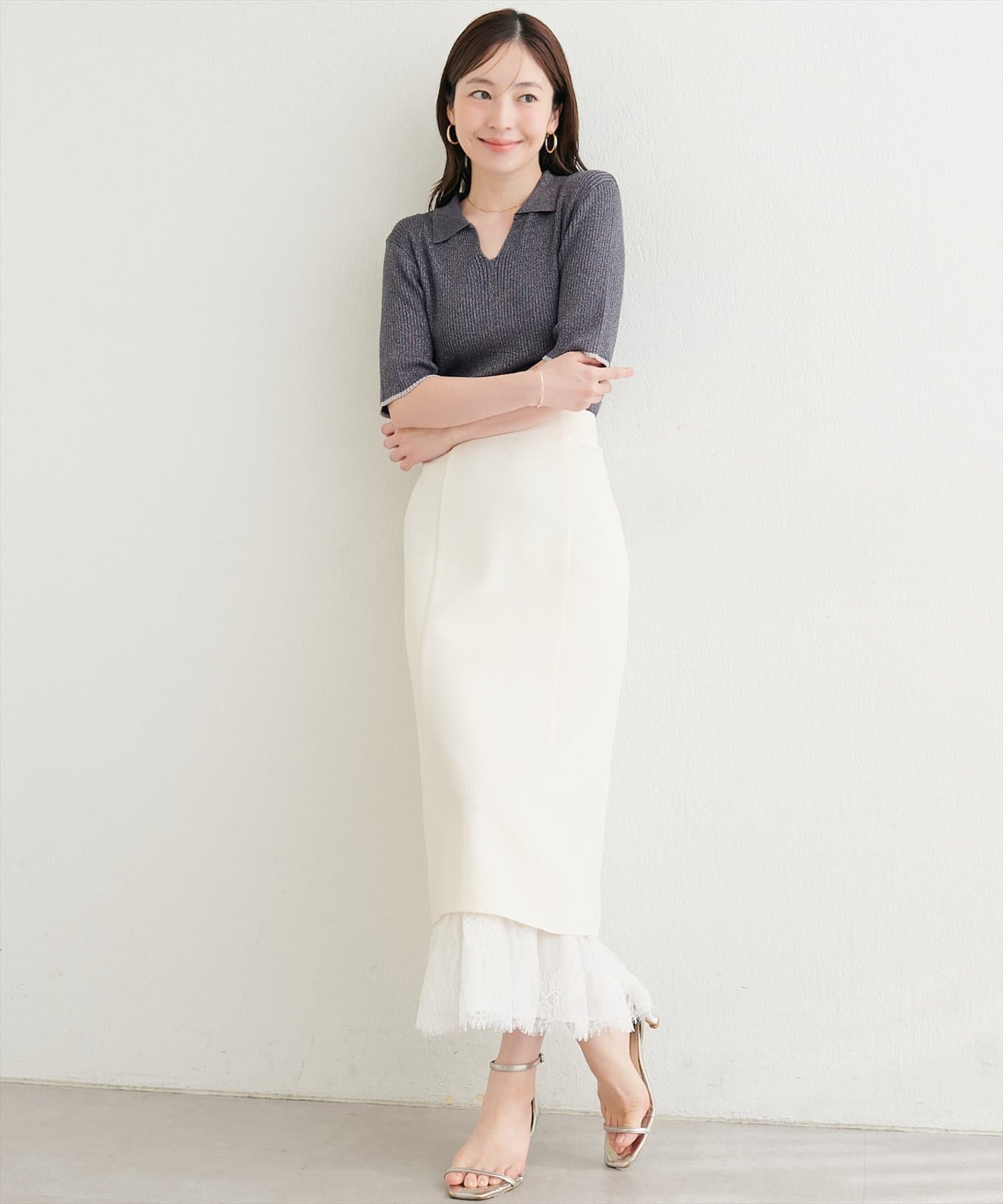 natural couture(ナチュラルクチュール) ラメリブ５分袖ポロニット
