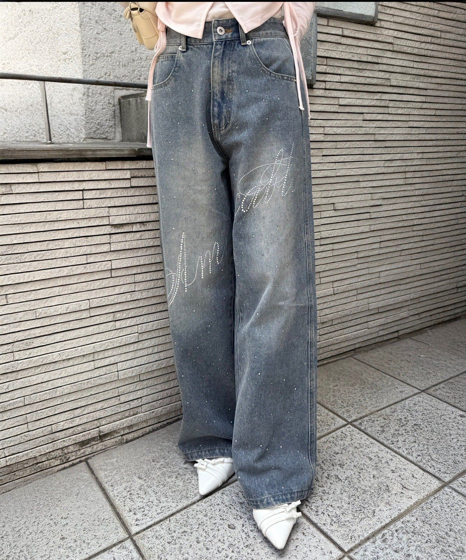 NICE CLAUP / OLIVE des OLIVE OUTLET(ナイスクラップ  / オリーブ デ オリーブ アウトレット) 【continuer】キラキラロゴバギーデニムパンツ