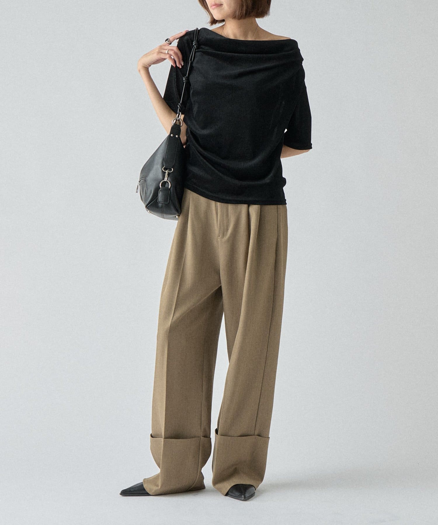 -goocy-(グーシー) シアーベロアドレープ半袖トップス