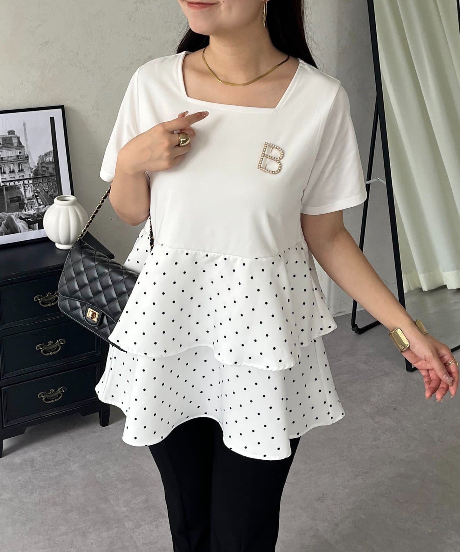 prose verse(プロズヴェール) ドットWフリルスクエアネックペプラムTシャツ