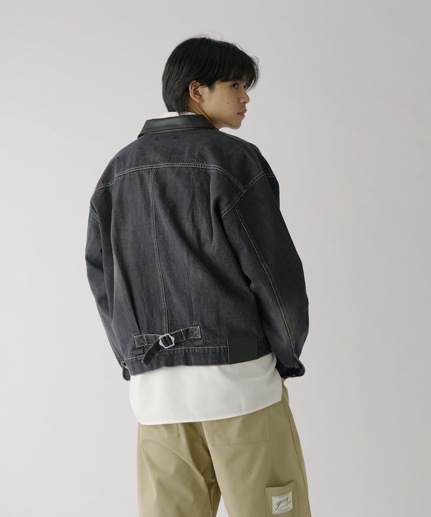 -goocy-(グーシー) 衿PUレザーデニムトラッカージャケット