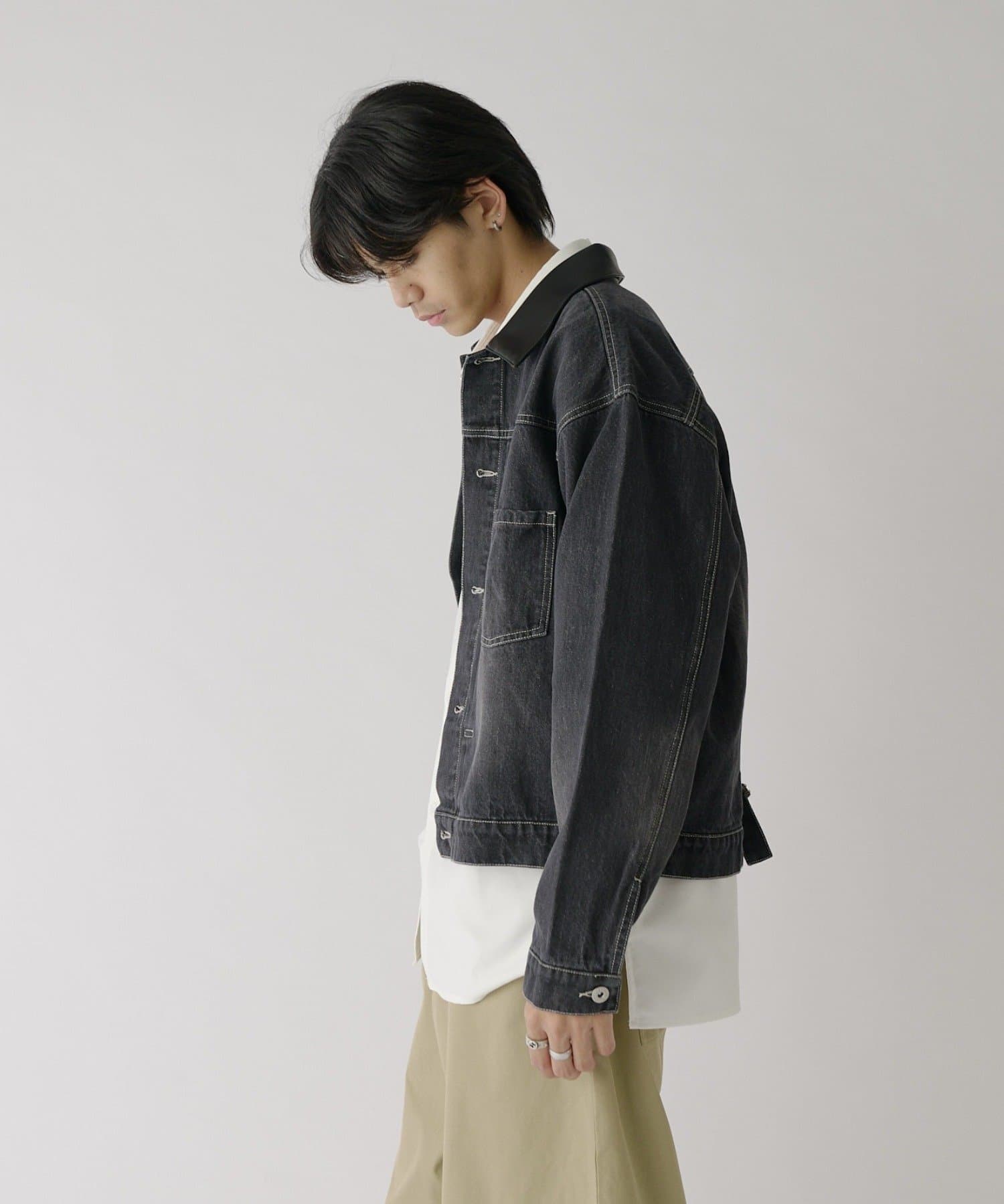 -goocy-(グーシー) 衿PUレザーデニムトラッカージャケット