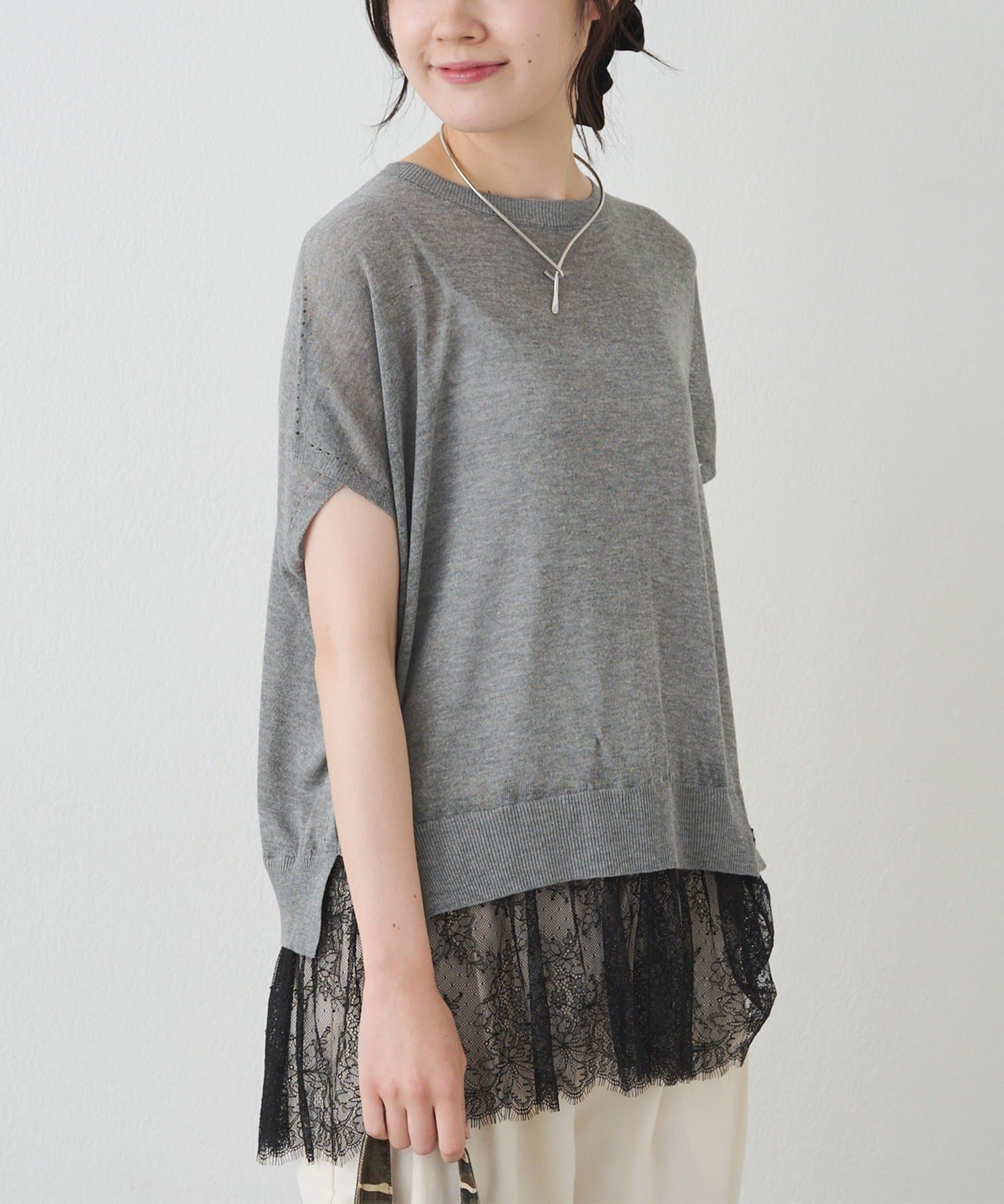 PUAL CE CIN(ピュアルセシン) レースヘムフレンチスリーブプルオーバー