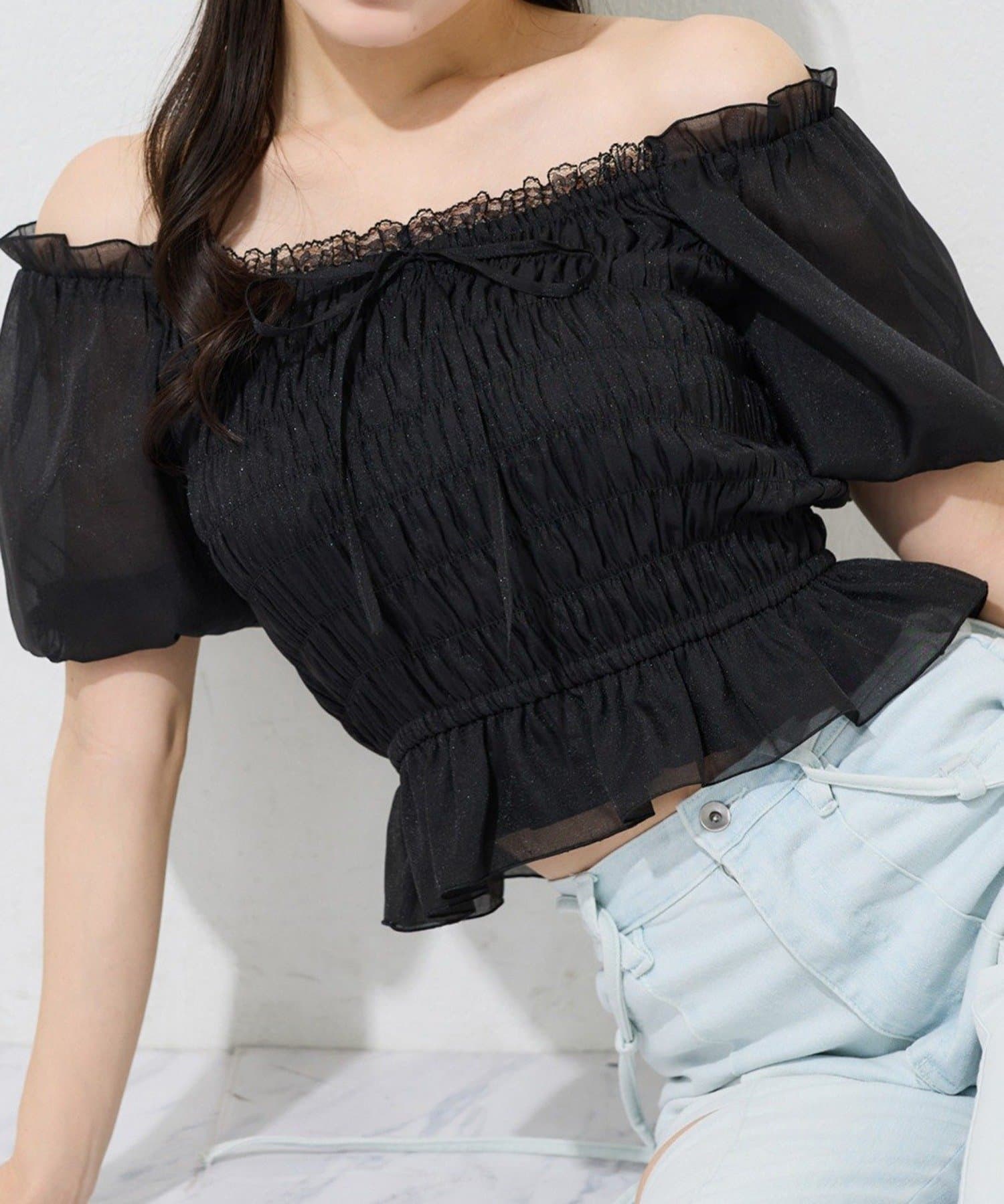 NICE CLAUP / OLIVE des OLIVE OUTLET(ナイスクラップ  / オリーブ デ オリーブ アウトレット) 【one after another】シャーリング細リボンブラウス／レース付