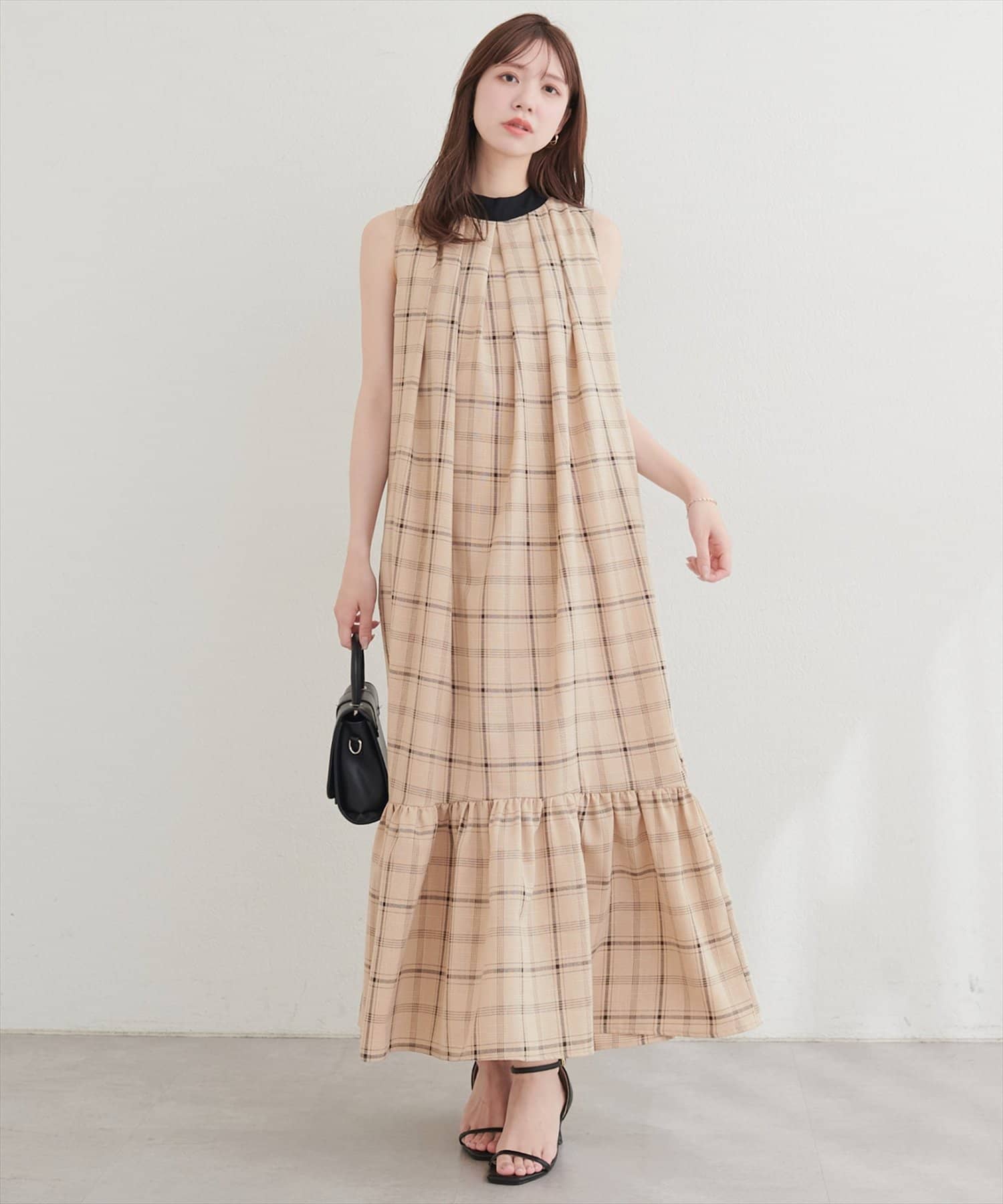 natural couture(ナチュラルクチュール) リボン付きノースリチェックワンピース
