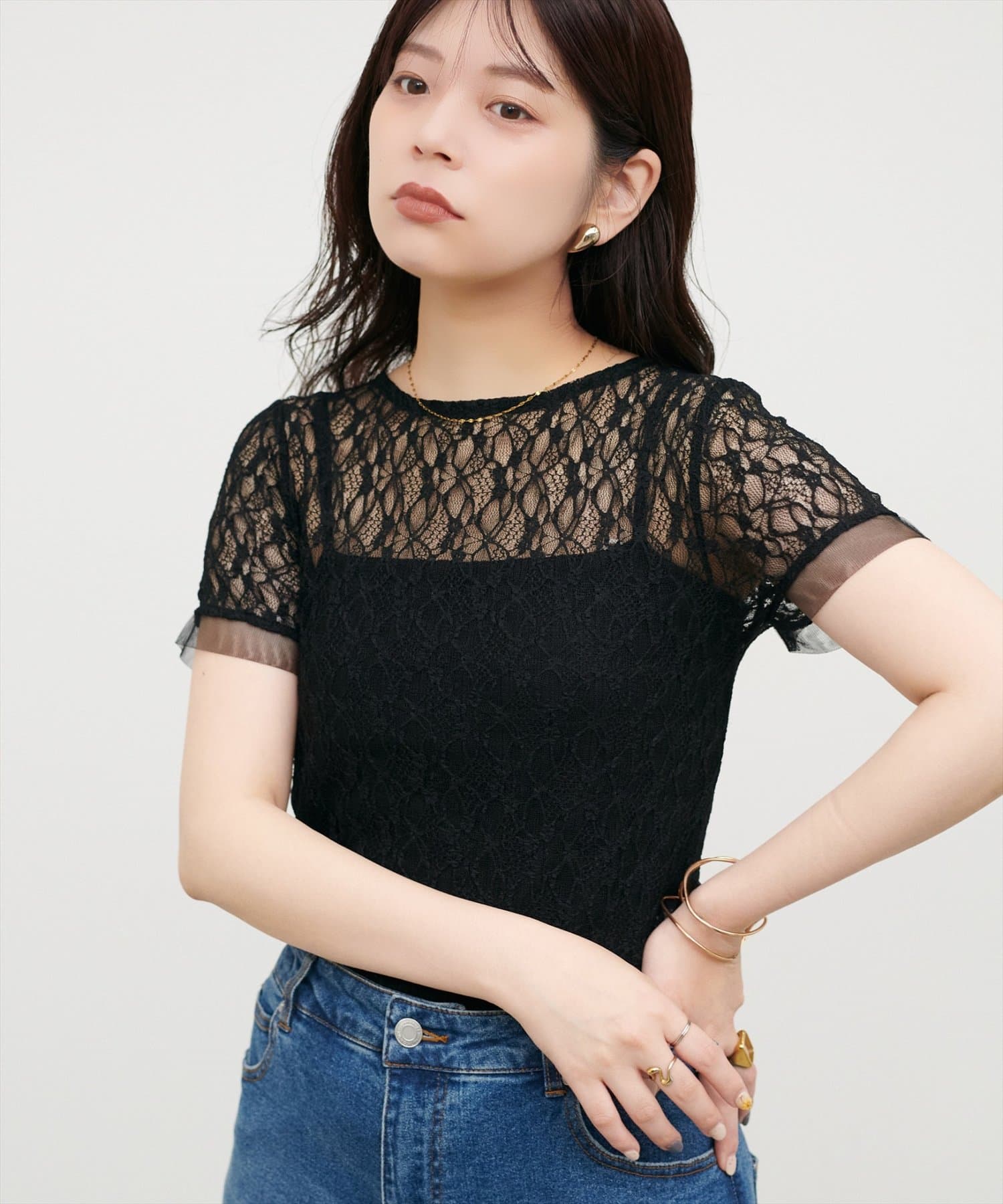 natural couture(ナチュラルクチュール) ストレッチレース半袖T
