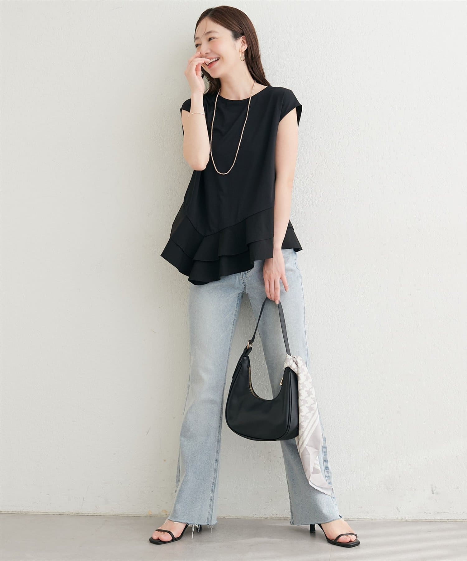 natural couture(ナチュラルクチュール) 裾口ラッフル切替フレンチスリーブTOPS