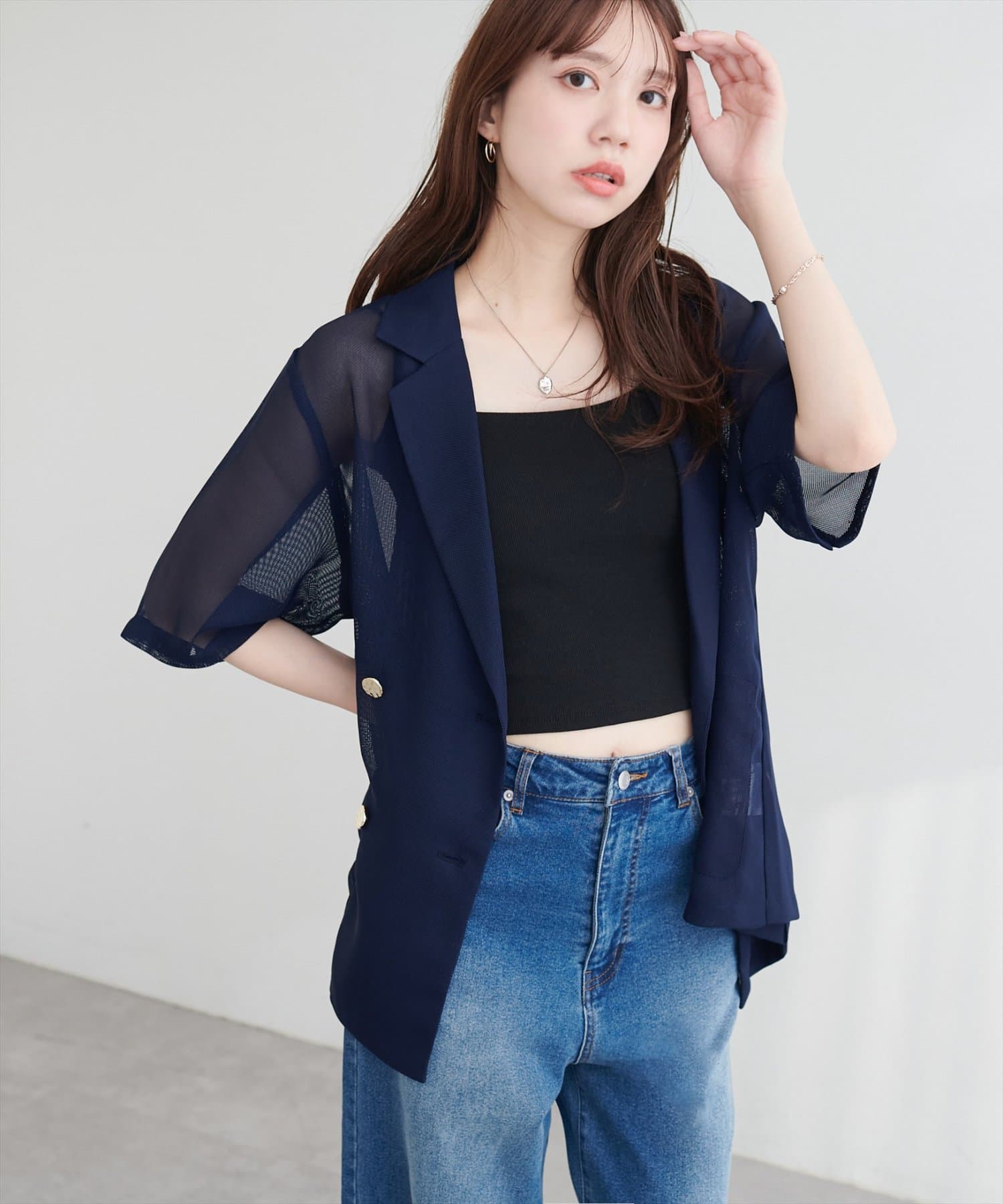 natural couture(ナチュラルクチュール) メッシュWテーラー半袖ジャケット