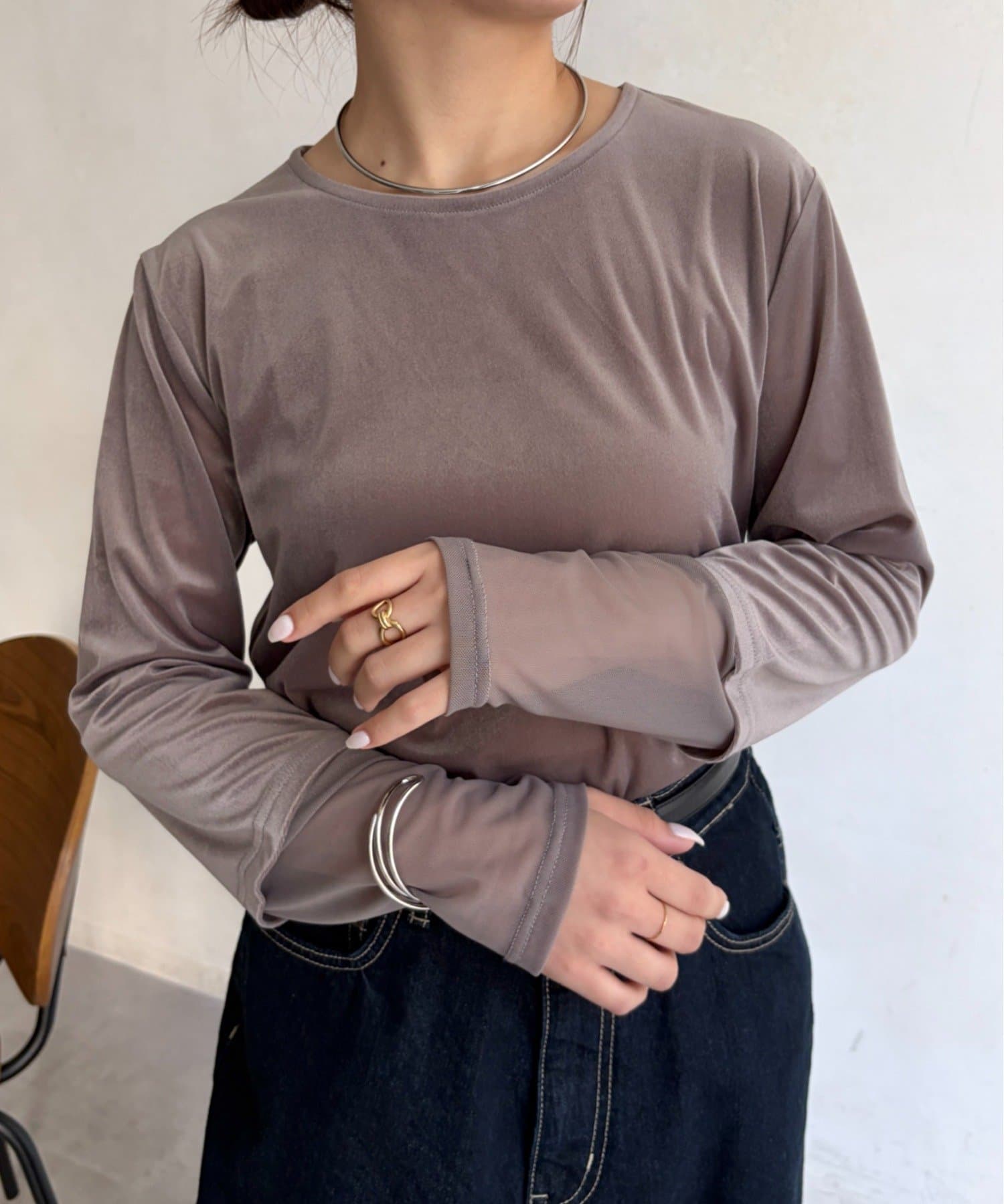 Jena　espace merveilleux(ジェナ　エスパスメルヴェイユ) 袖シアーベロアカットソー