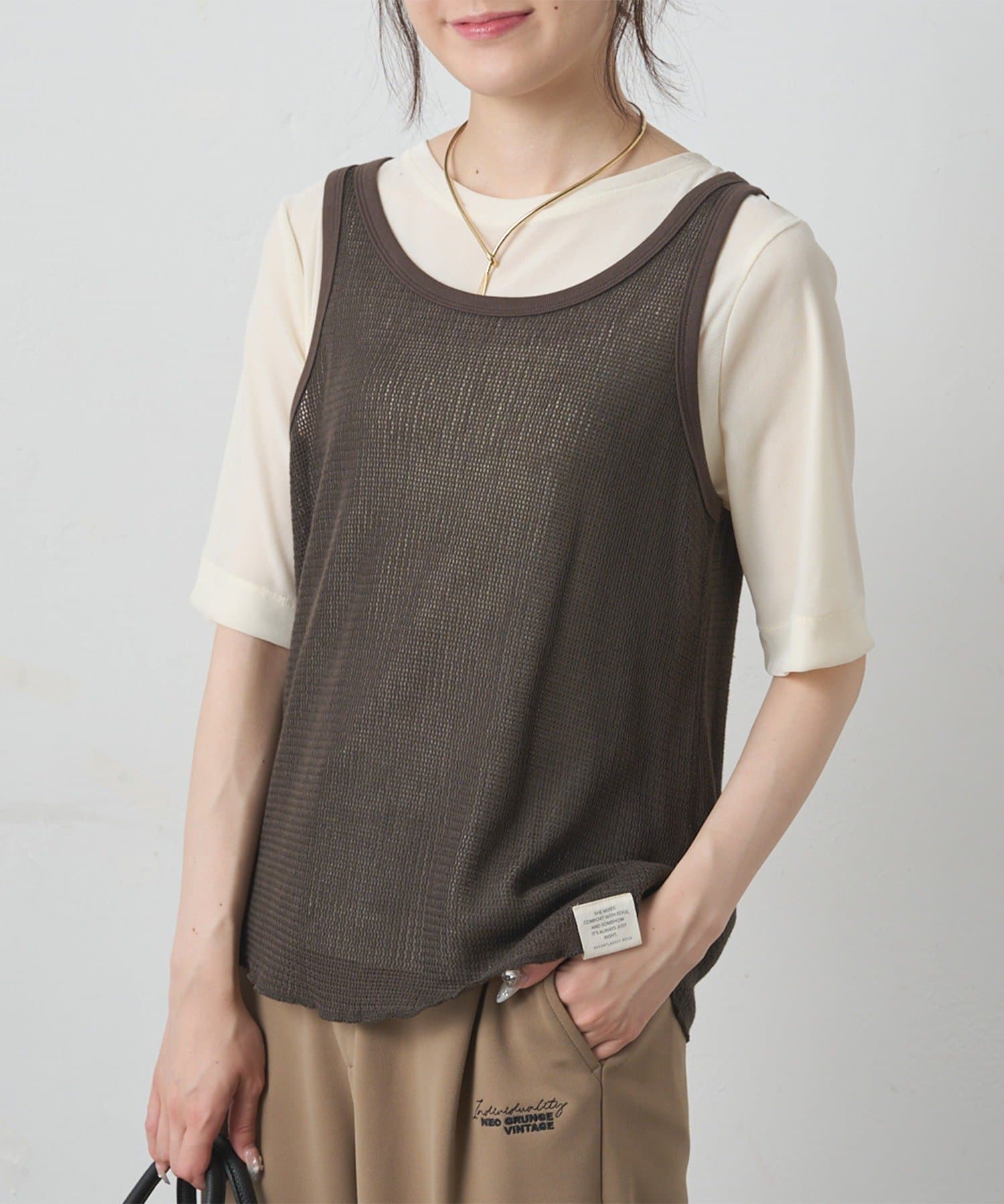 PUAL CE CIN(ピュアルセシン) コットンメッシュタンクトップ