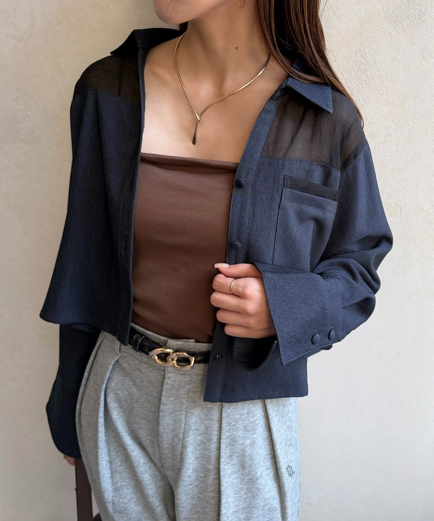 Thevon.(ゼヴォン) シアー切替デニムライクショートシャツ