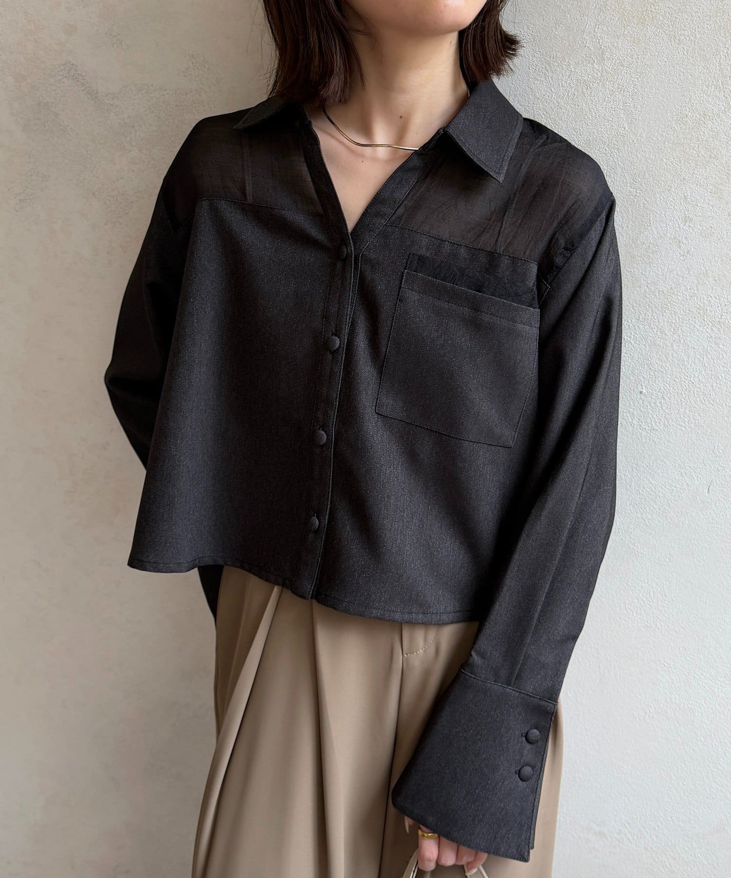 Thevon.(ゼヴォン) シアー切替デニムライクショートシャツ