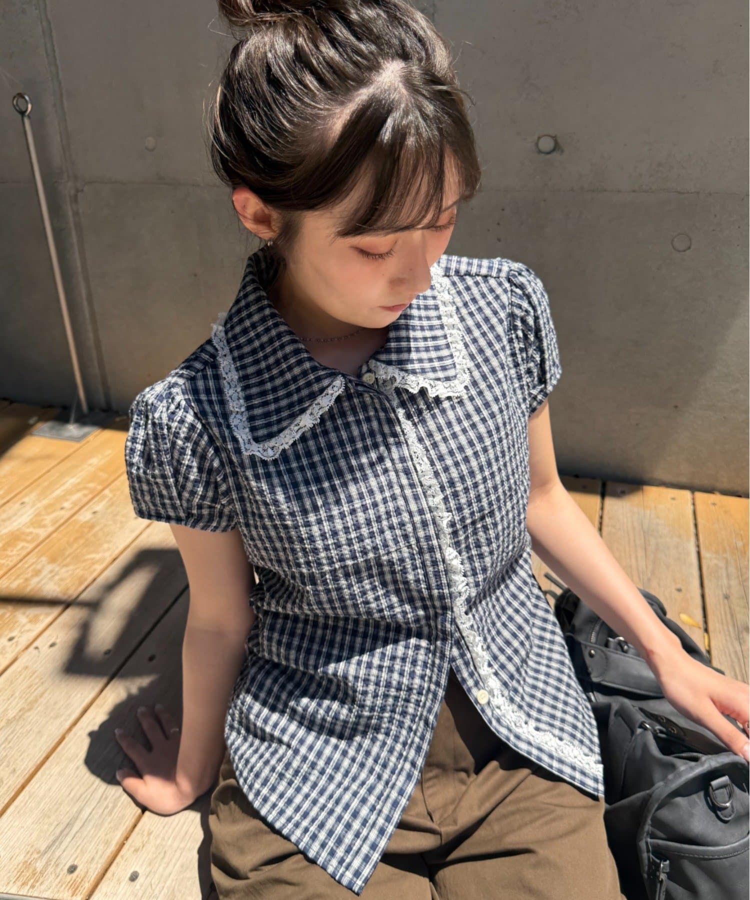 w closet(ダブルクローゼット) 【セットアップ対応】丸衿チェックシャツ
