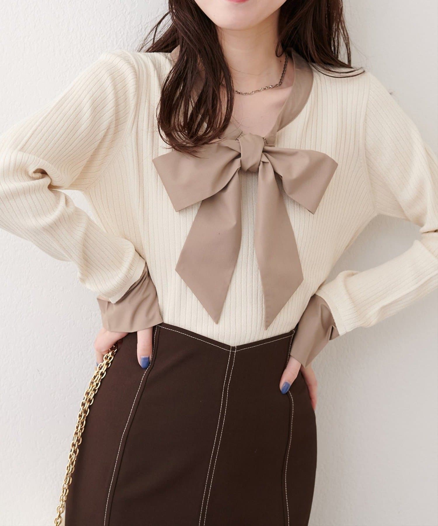 NICE CLAUP / OLIVE des OLIVE OUTLET(ナイスクラップ  / オリーブ デ オリーブ アウトレット) 【natural couture】リボンタイラメニット