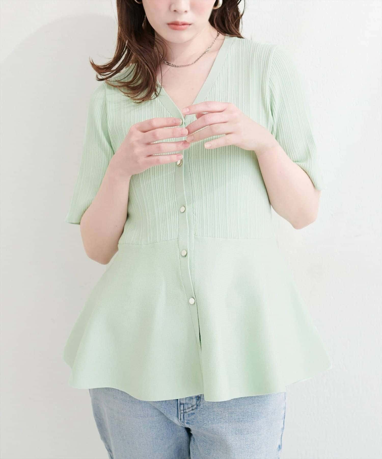 NICE CLAUP / OLIVE des OLIVE OUTLET(ナイスクラップ  / オリーブ デ オリーブ アウトレット) 【natural couture】ランダムリブ５分袖ペプラムニットカーディガン