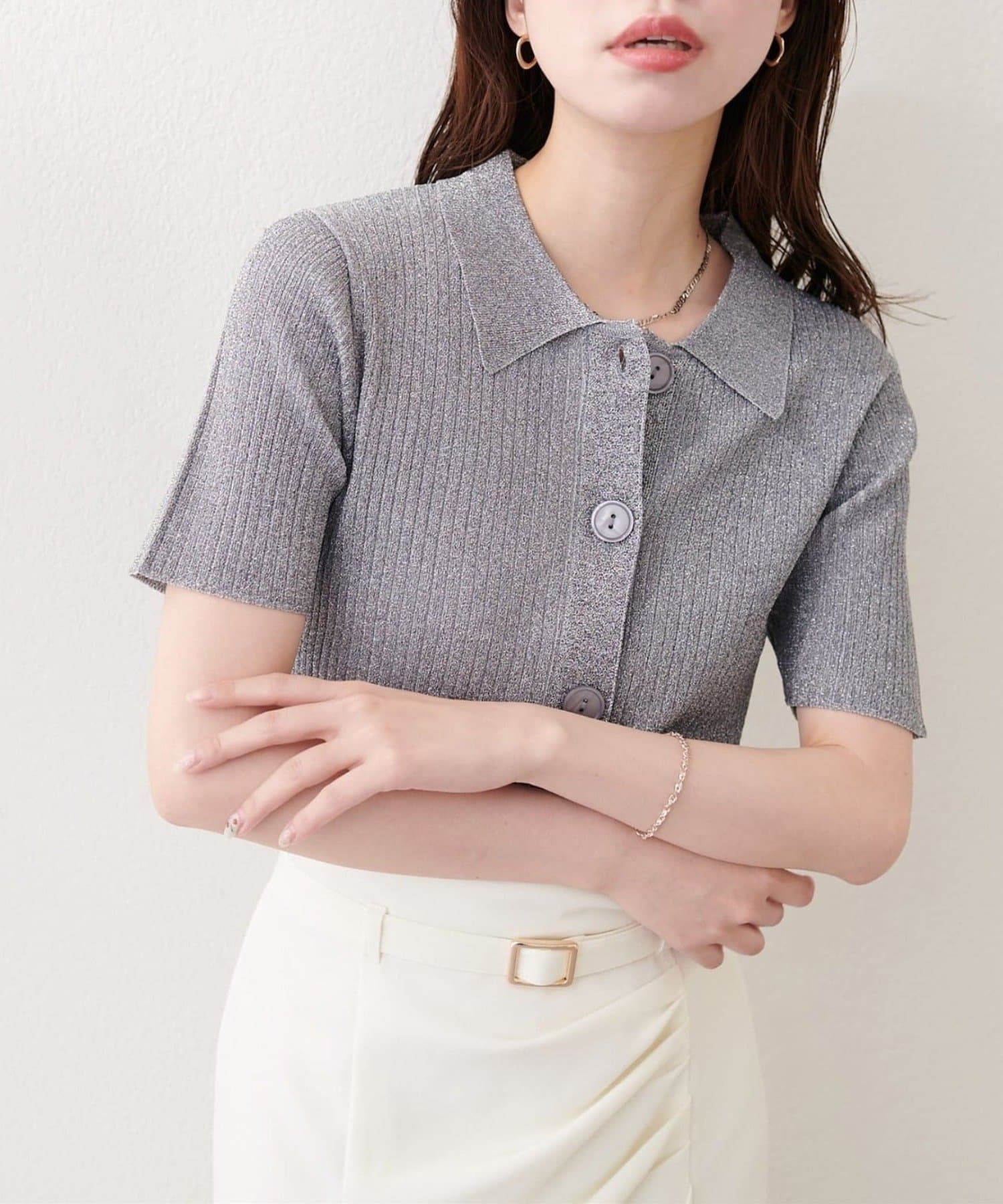 NICE CLAUP / OLIVE des OLIVE OUTLET(ナイスクラップ  / オリーブ デ オリーブ アウトレット) 【natural couture】衿付きラメリブカーデ