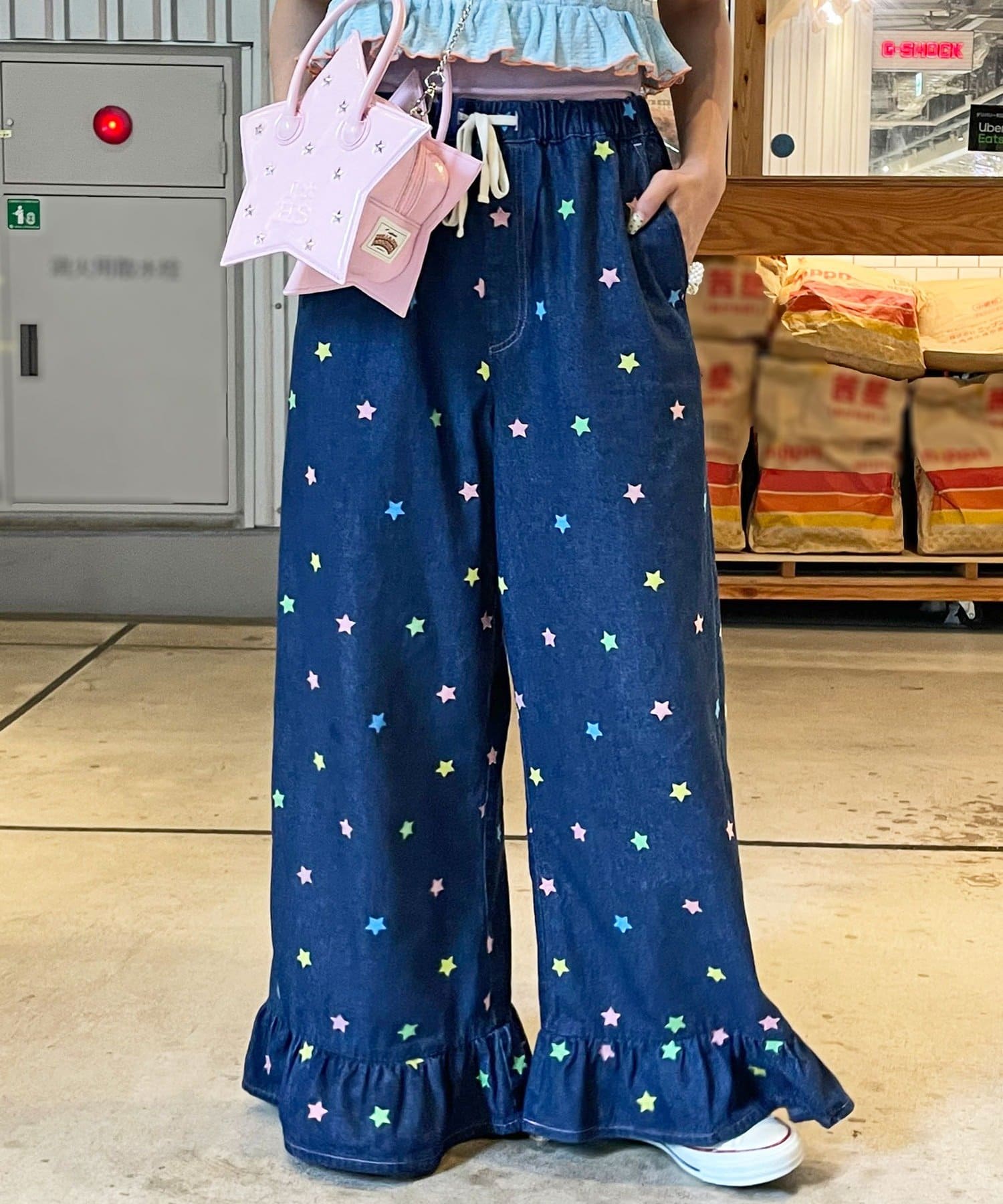 HELLO.SANFRANCISCO/ハローサンフランシスコ】裾フリル星柄刺繍デニム