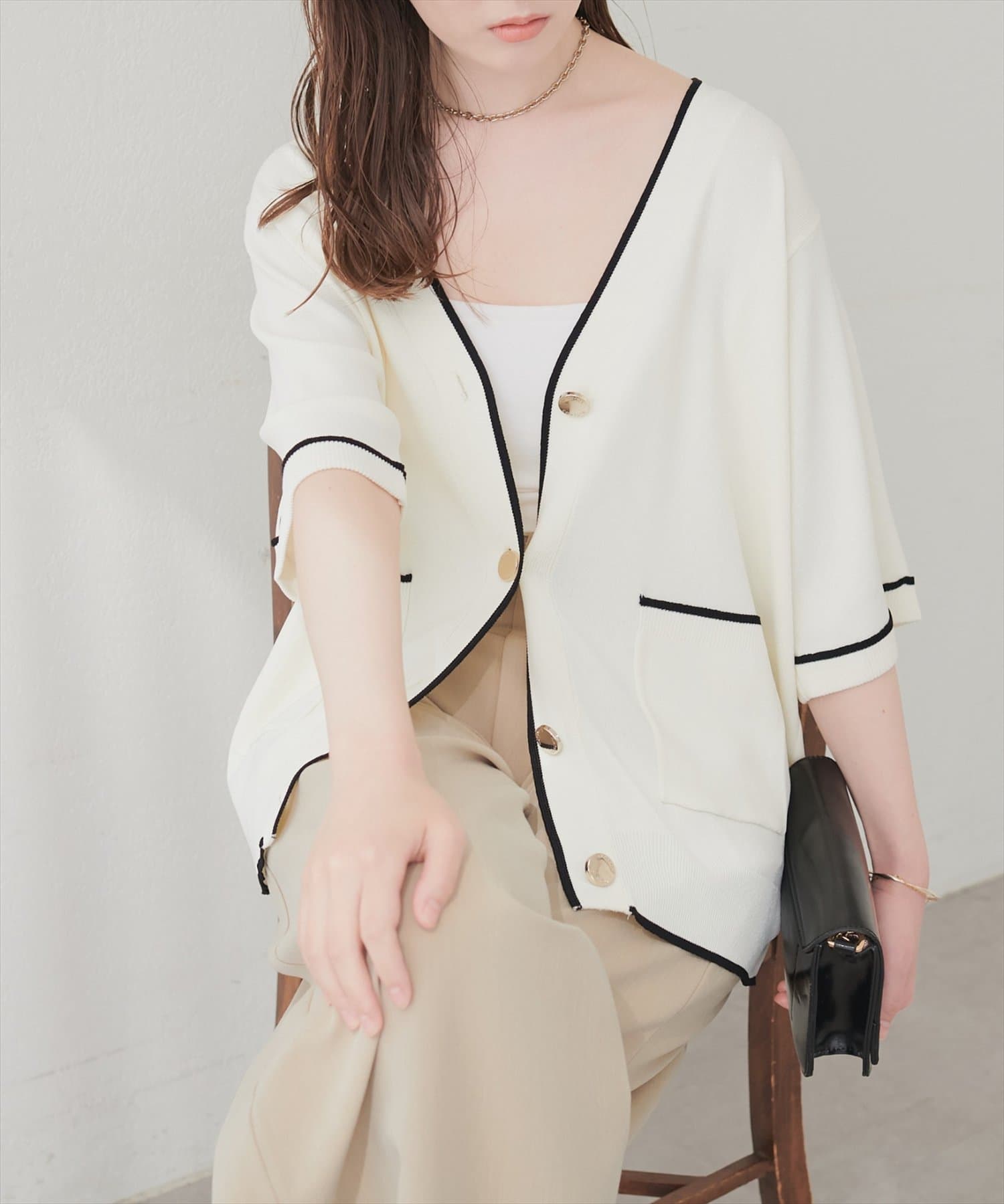 natural couture(ナチュラルクチュール) 【sherbet line】接触冷感UVアンチピリング ポケット付き配色半袖ニットカーディガン