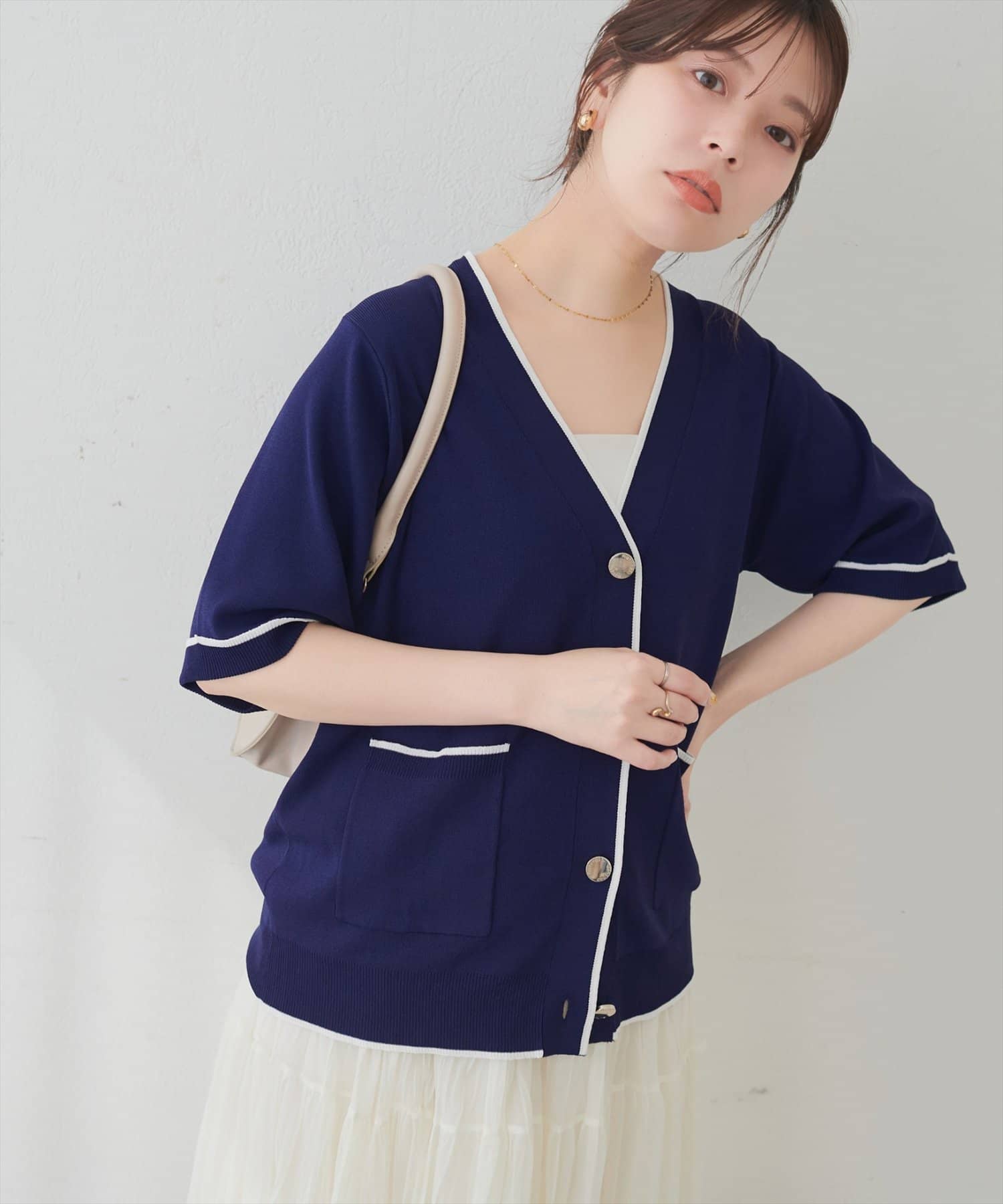 natural couture(ナチュラルクチュール) 【sherbet line】接触冷感UVアンチピリング ポケット付き配色半袖ニットカーディガン