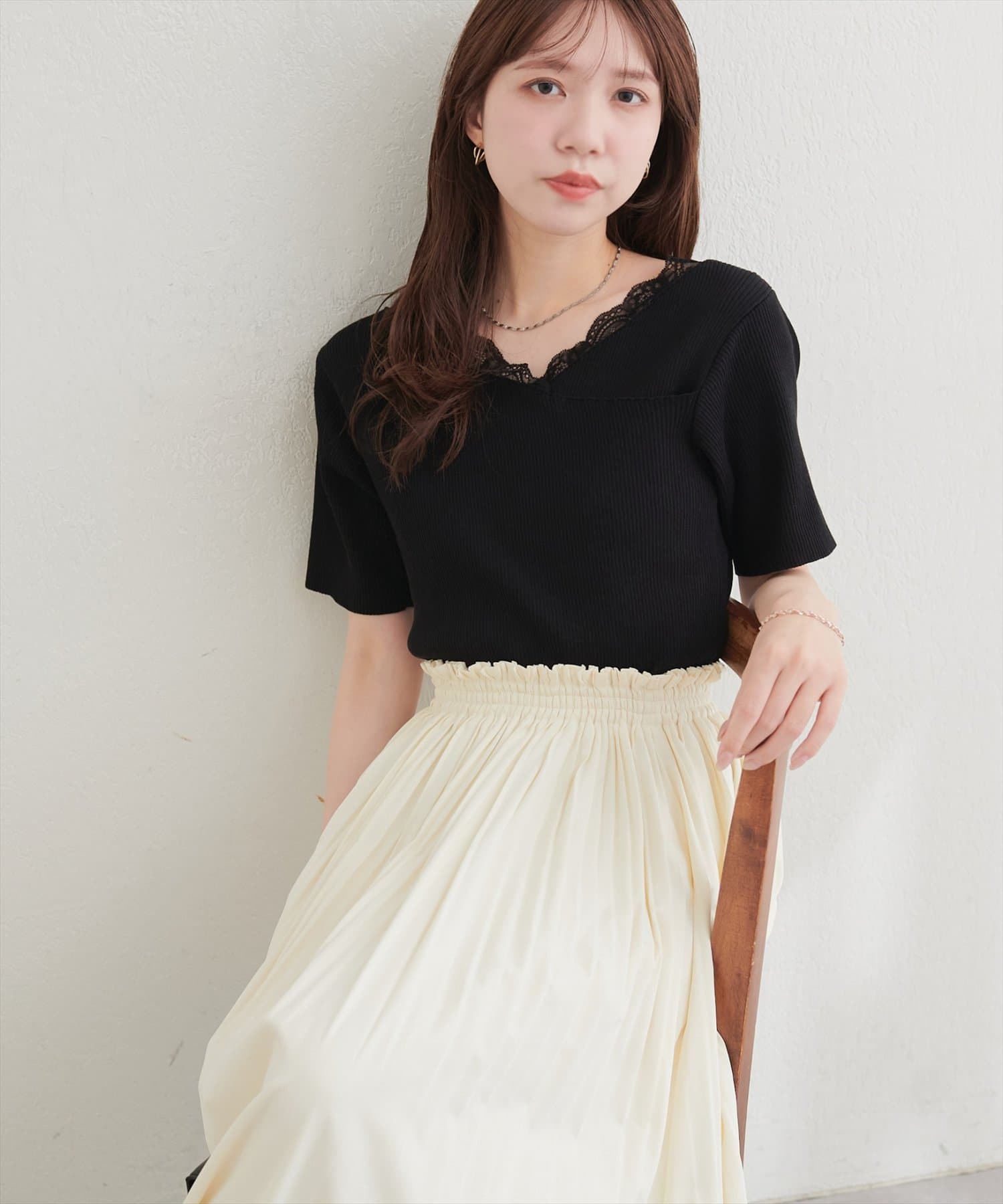 natural couture(ナチュラルクチュール) 【sherbet line】アシメレースネック半袖ニット