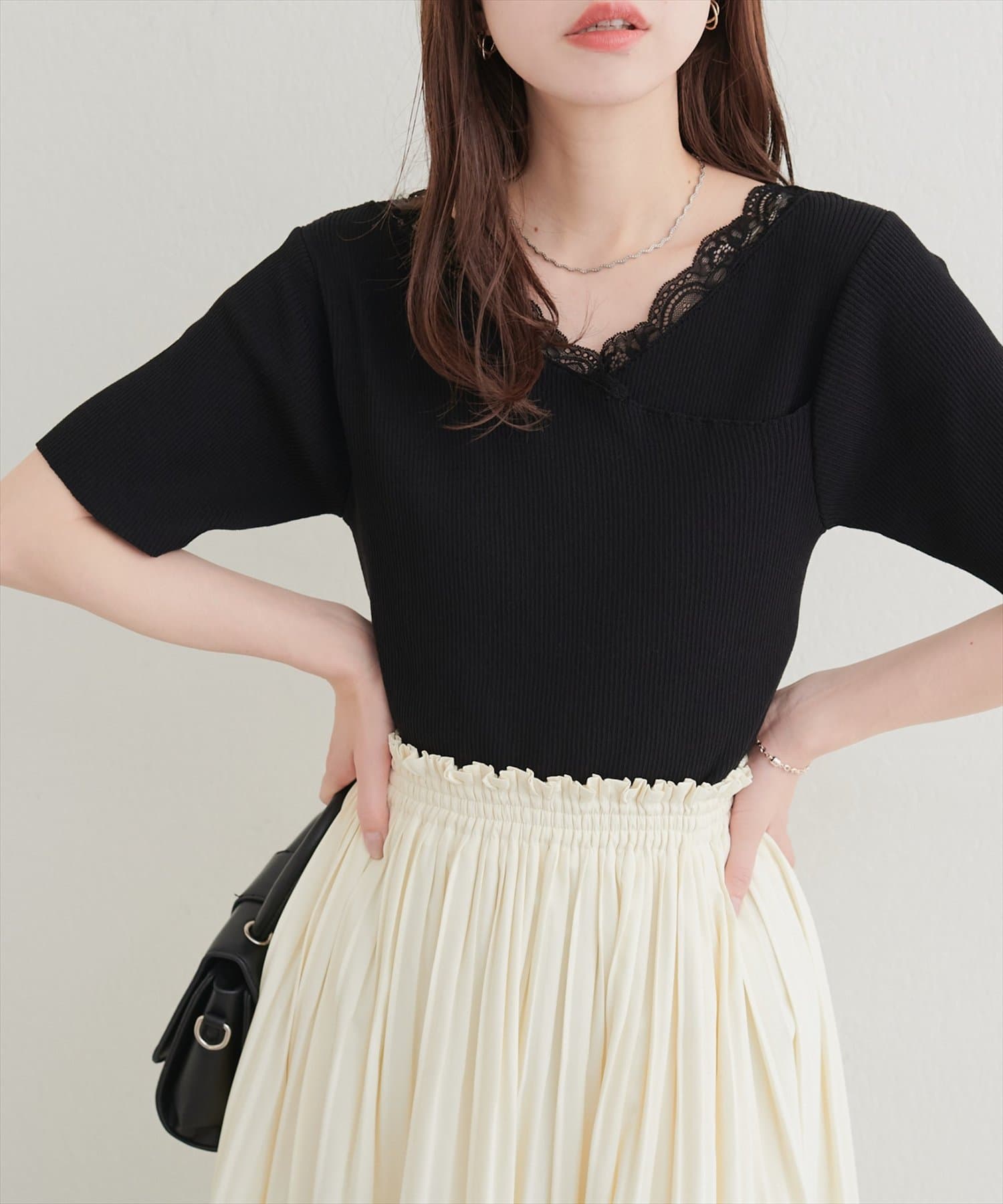 natural couture(ナチュラルクチュール) 【sherbet line】アシメレースネック半袖ニット