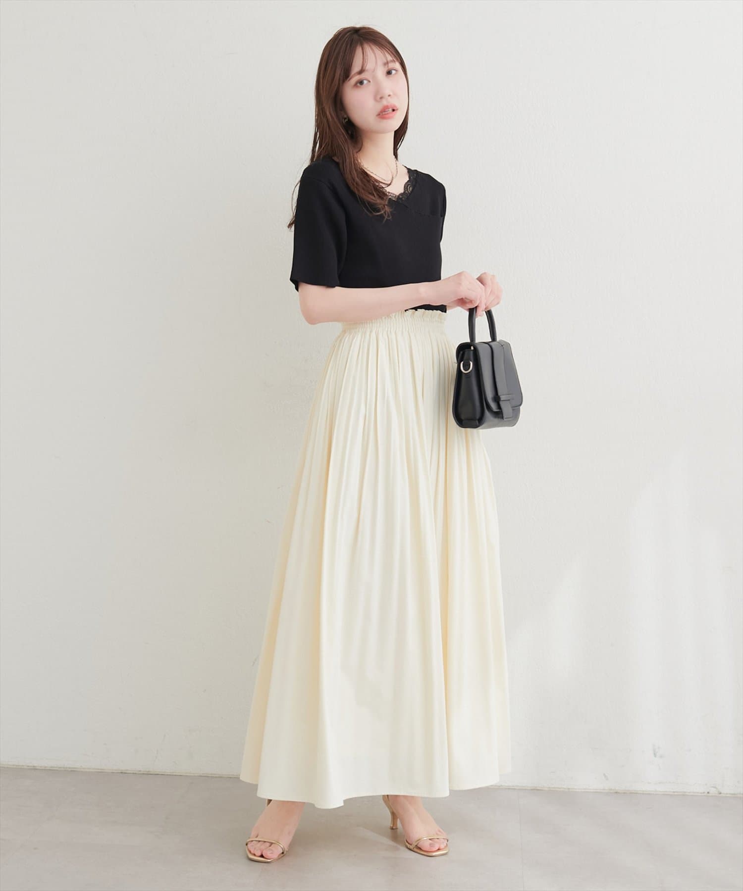 natural couture(ナチュラルクチュール) 【sherbet line】アシメレースネック半袖ニット