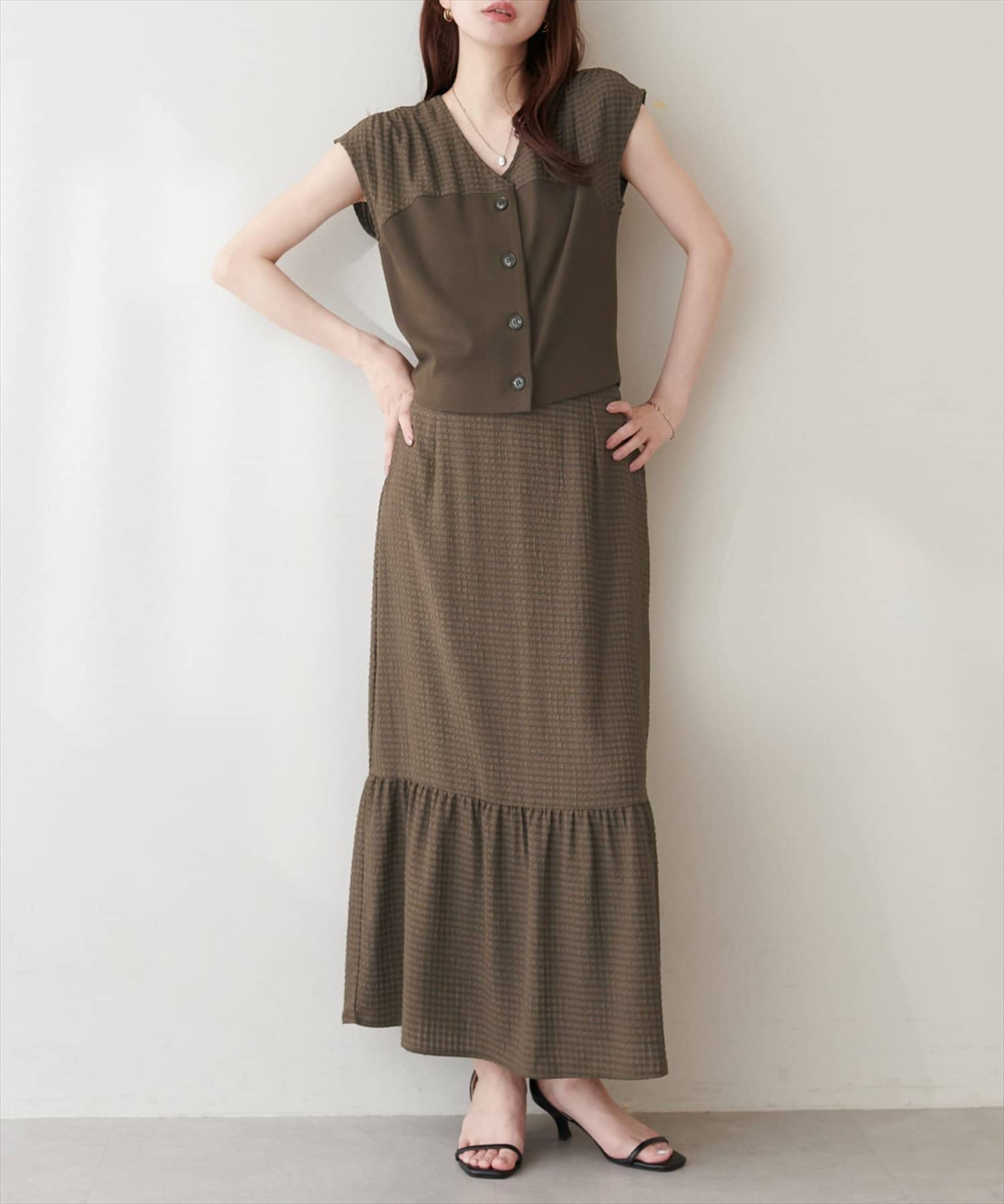 natural couture(ナチュラルクチュール) リブ使いTOPS×ギャザー切り替えスカートSET