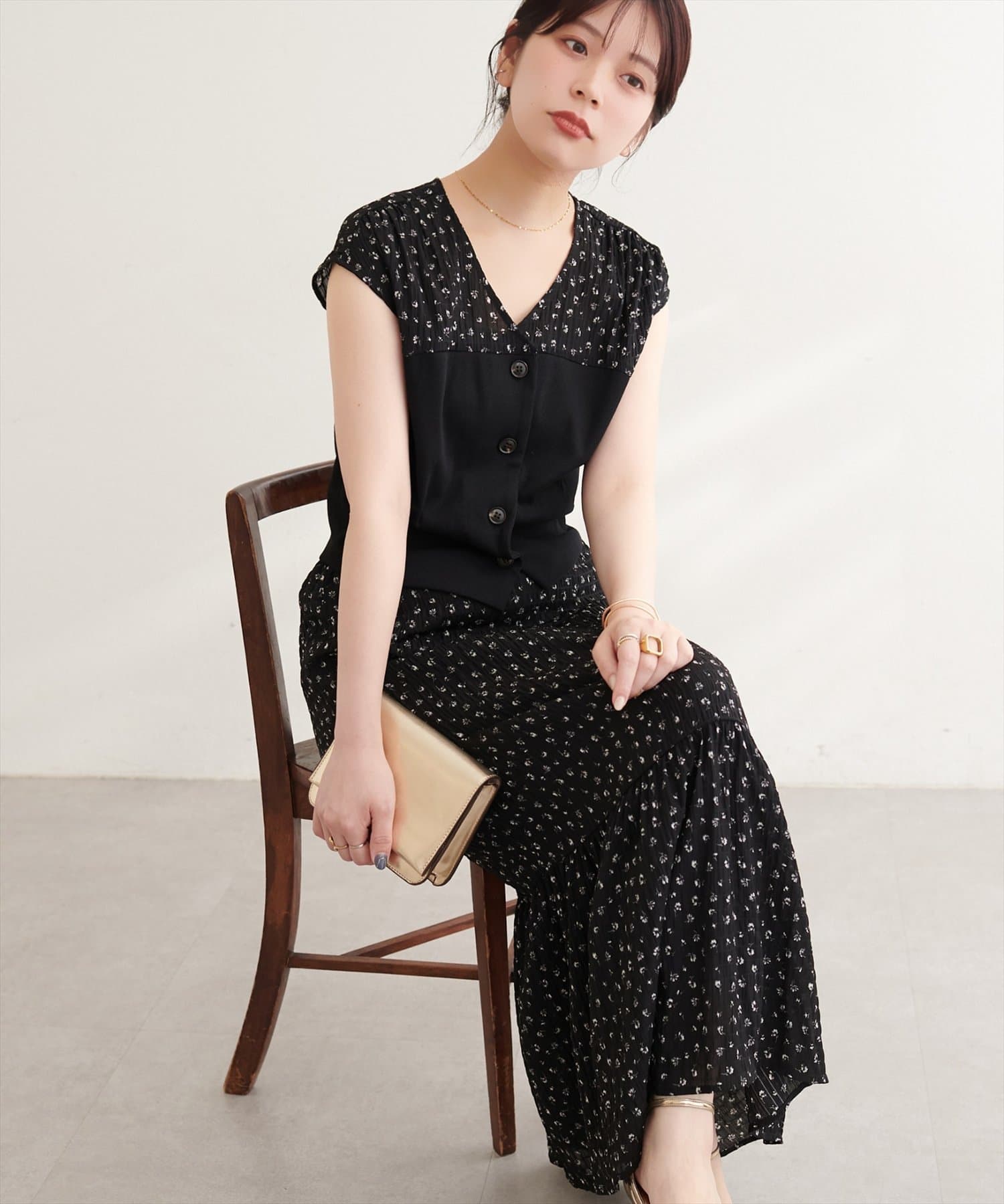 natural couture(ナチュラルクチュール) リブ使いTOPS×ギャザー切り替えスカートSET