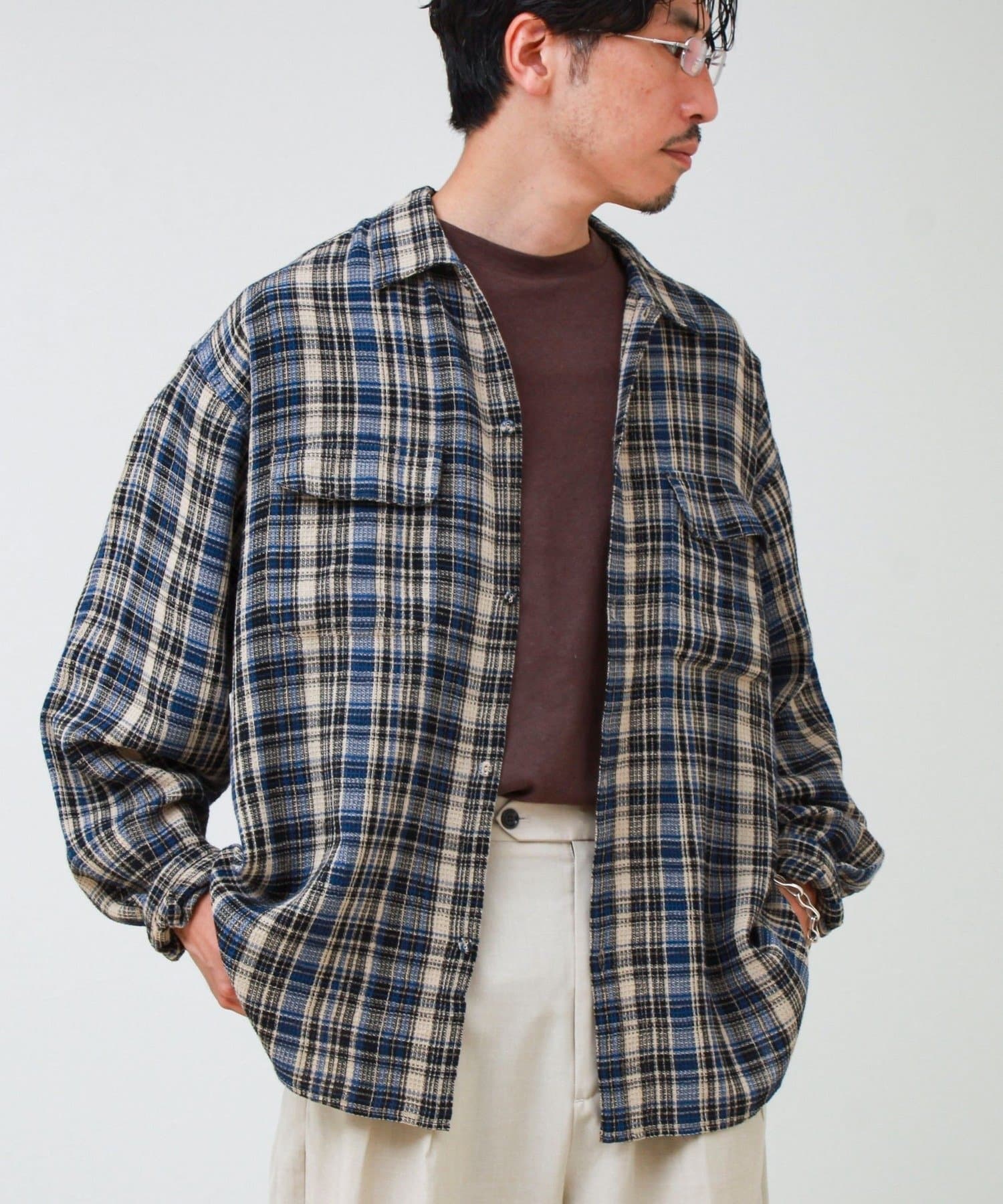 FREDY & GLOSTER(フレディ アンド グロスター) 【秋立ち上がりから着られる】ワッフルチェック ワークシャツ ロングスリーブ