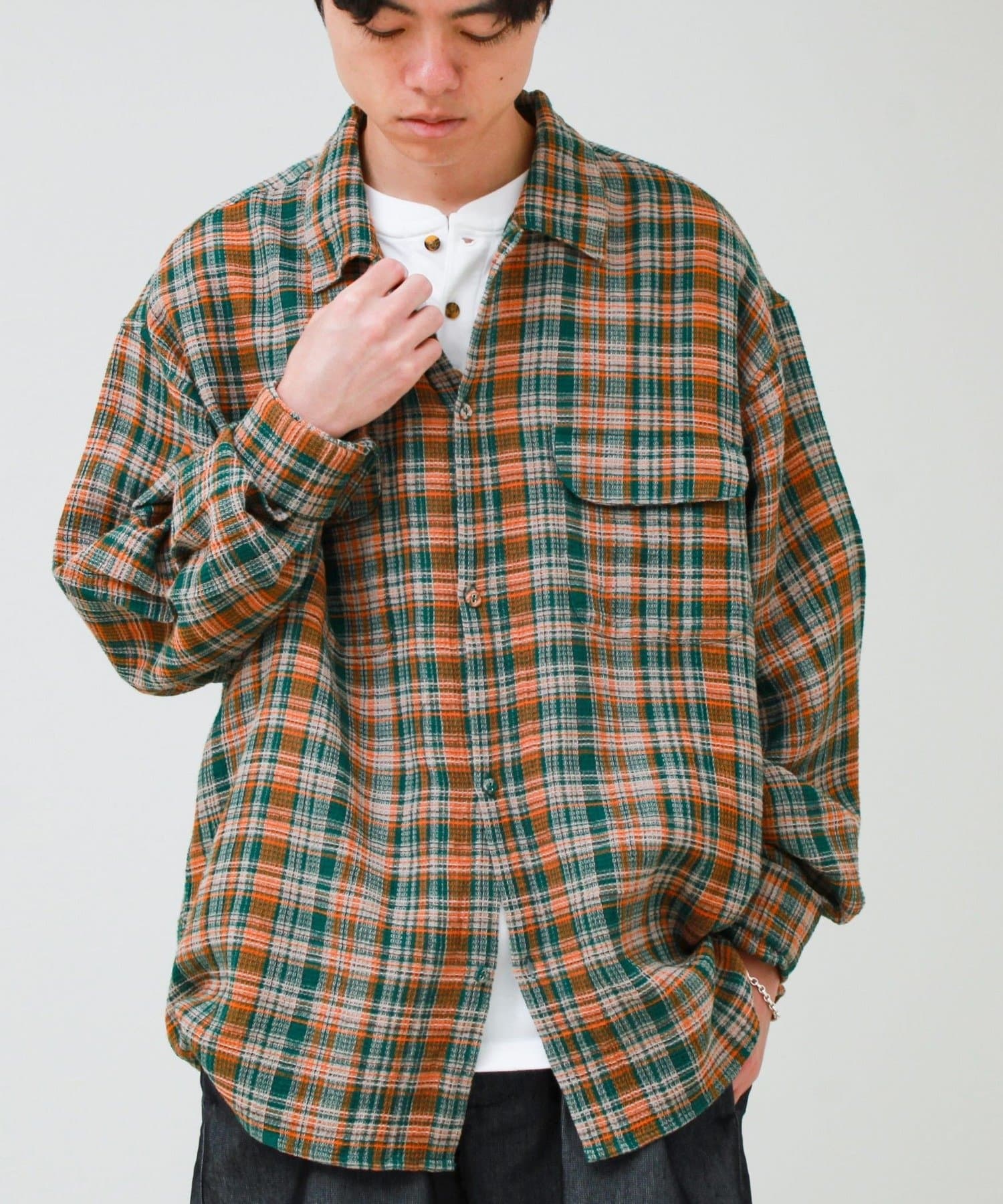 FREDY & GLOSTER(フレディ アンド グロスター) 【秋立ち上がりから着られる】ワッフルチェック ワークシャツ ロングスリーブ