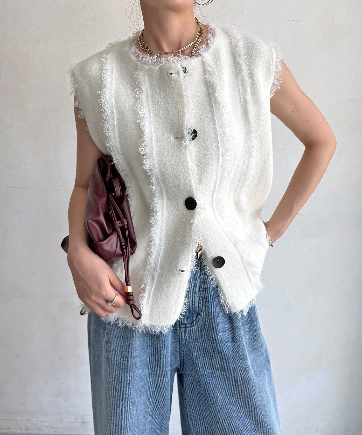 DOUDOU(ドゥドゥ) 【WEB限定】フリンジミラノリブニットノースリーブ