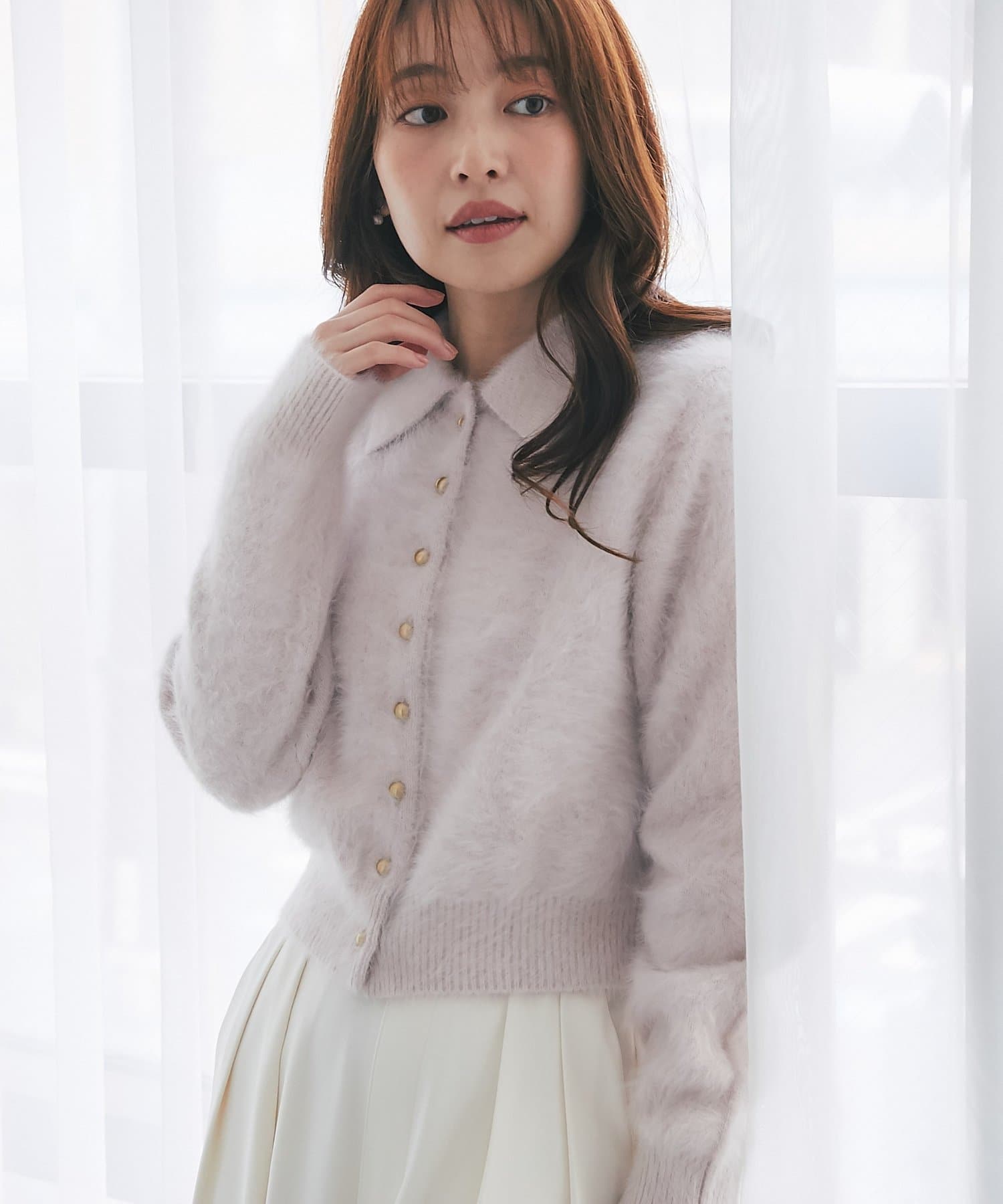La boutique BonBon(ラブティックボンボン) ヘアリーウールカシミヤ混FUR加工衿付きカーディガン