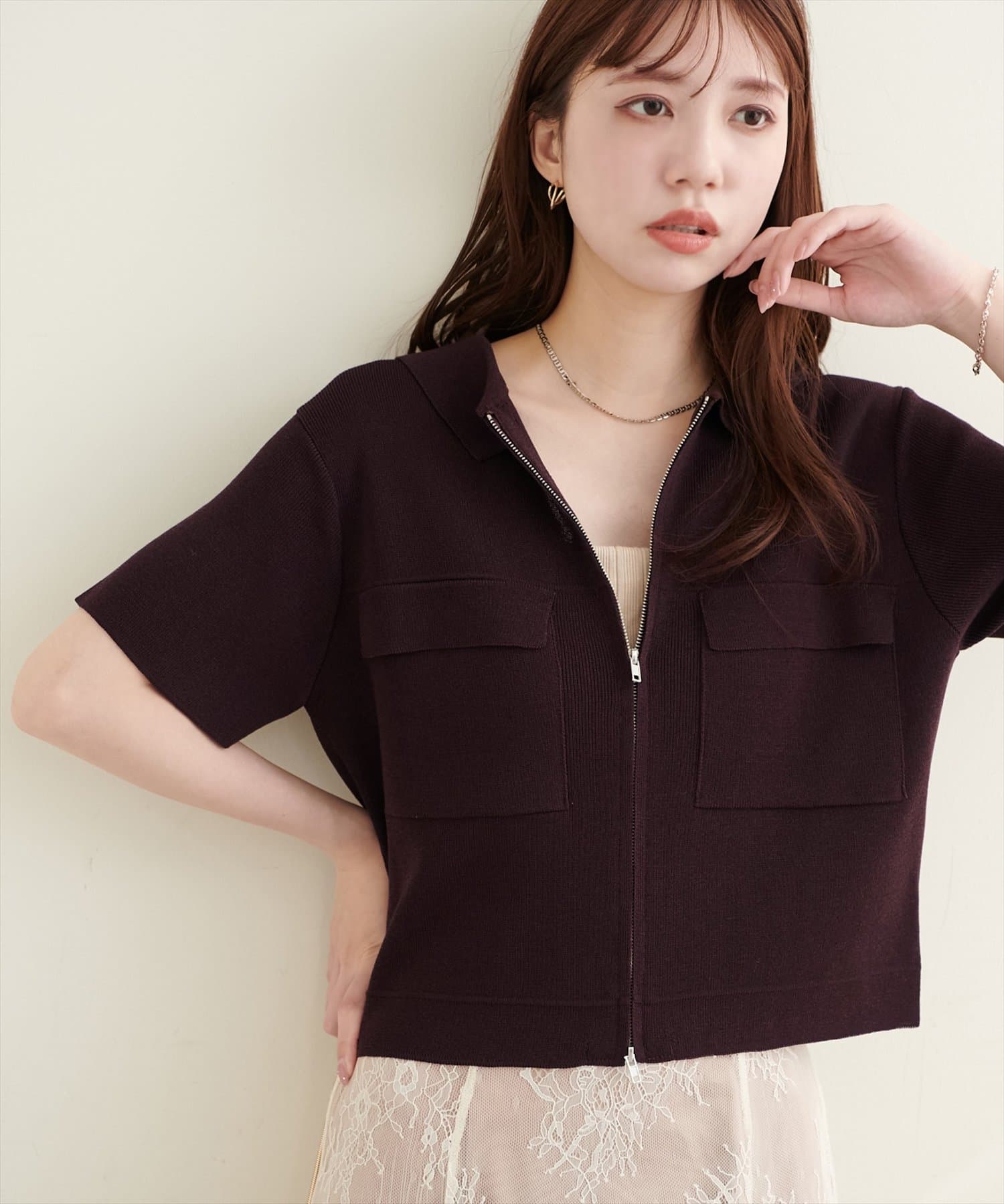 natural couture(ナチュラルクチュール) 衿付き半袖ZIPカーディガン