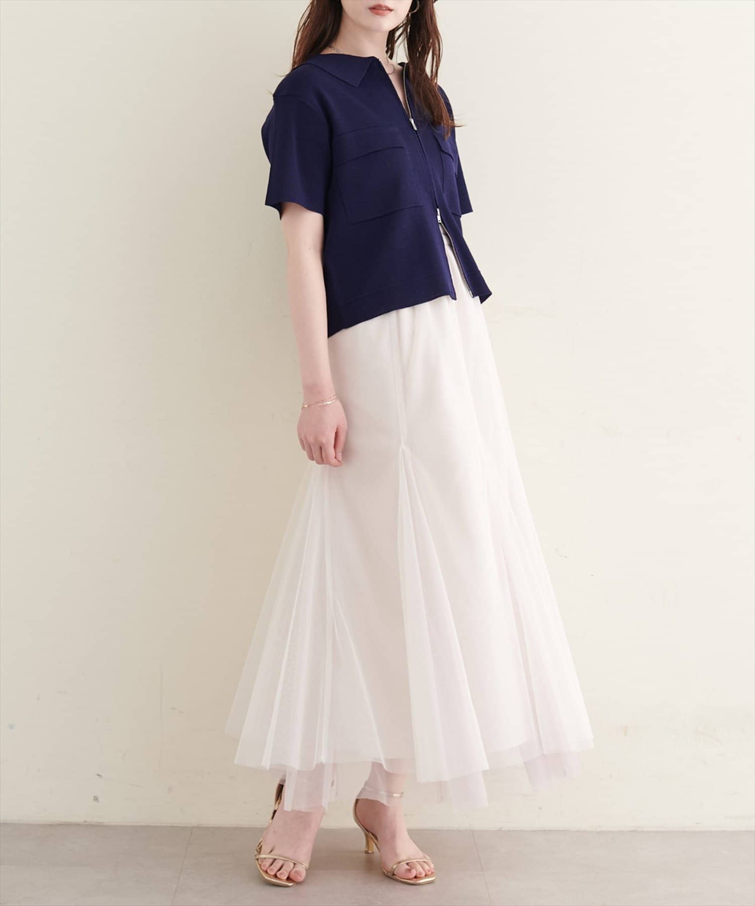 natural couture(ナチュラルクチュール) 衿付き半袖ZIPカーディガン