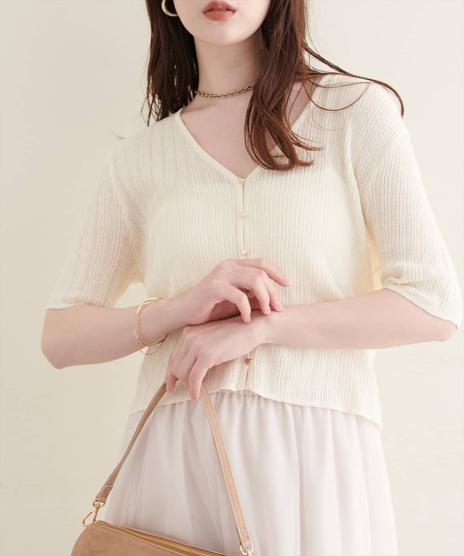 natural couture(ナチュラルクチュール) 針抜き半袖ハート釦カーディガン