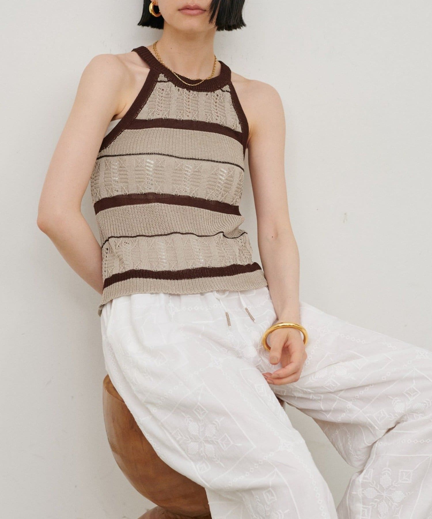 NICE CLAUP / OLIVE des OLIVE OUTLET(ナイスクラップ  / オリーブ デ オリーブ アウトレット) 【LARUTA】麻タッチ透かしボーダーアメスリニット