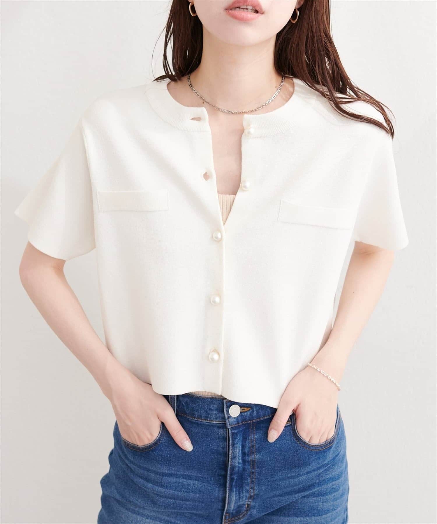 NICE CLAUP / OLIVE des OLIVE OUTLET(ナイスクラップ  / オリーブ デ オリーブ アウトレット) 【natural couture】パール釦半袖ニットカーディガン